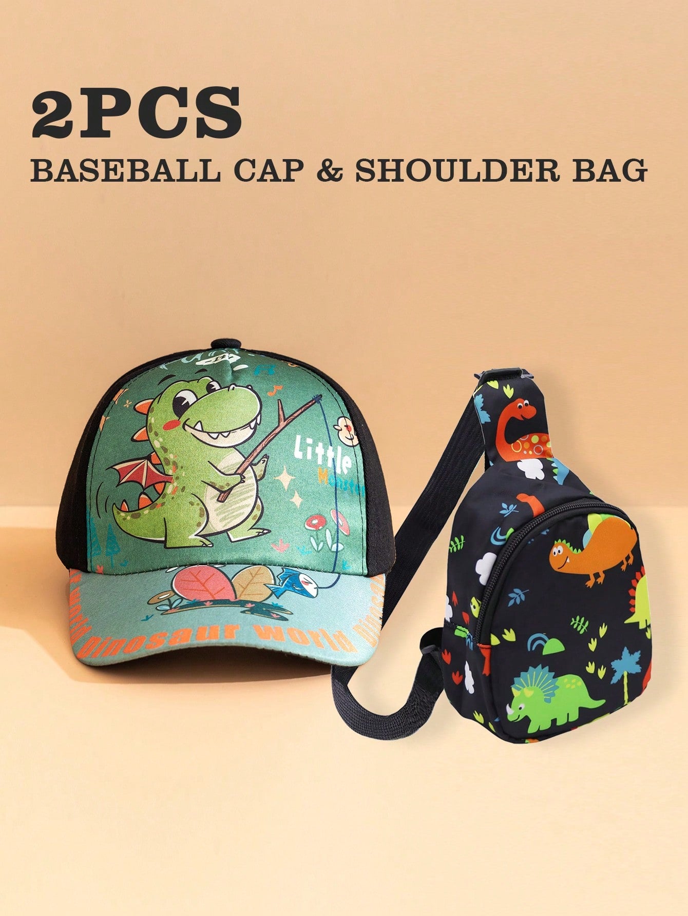 2pcs Kids Dinosaur Baseball Cap And Dinosaur Crossbody Bag Set, Suitable For Boys' Fashionable Outings And Storage, Ideal As Back-To-School Season And Birthday Gift