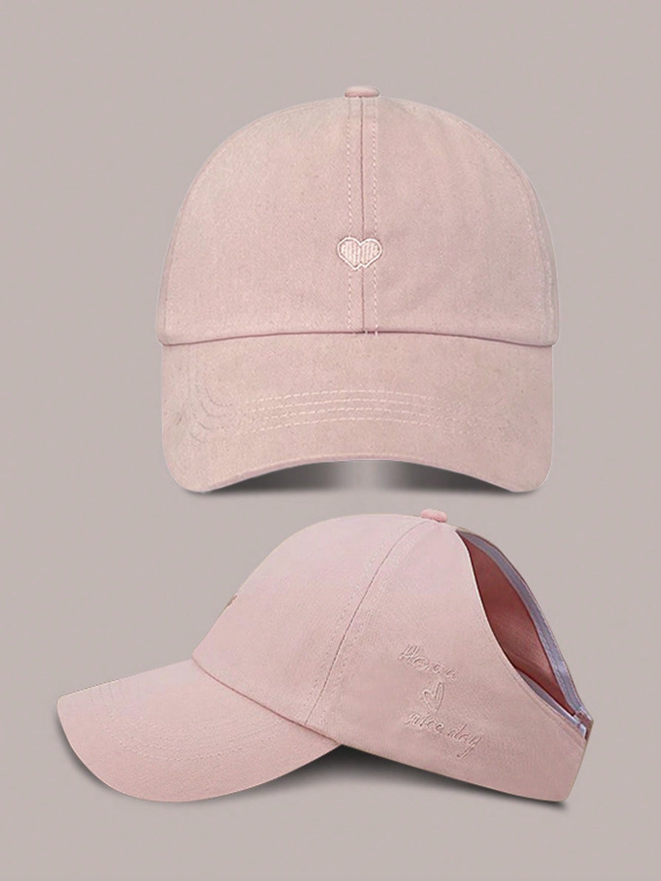 1pc Summer Outdoor Sun Protection Baseball Cap With Sweet & Cool Heart Embroidery, Ponytail Hole, College Style, For Women