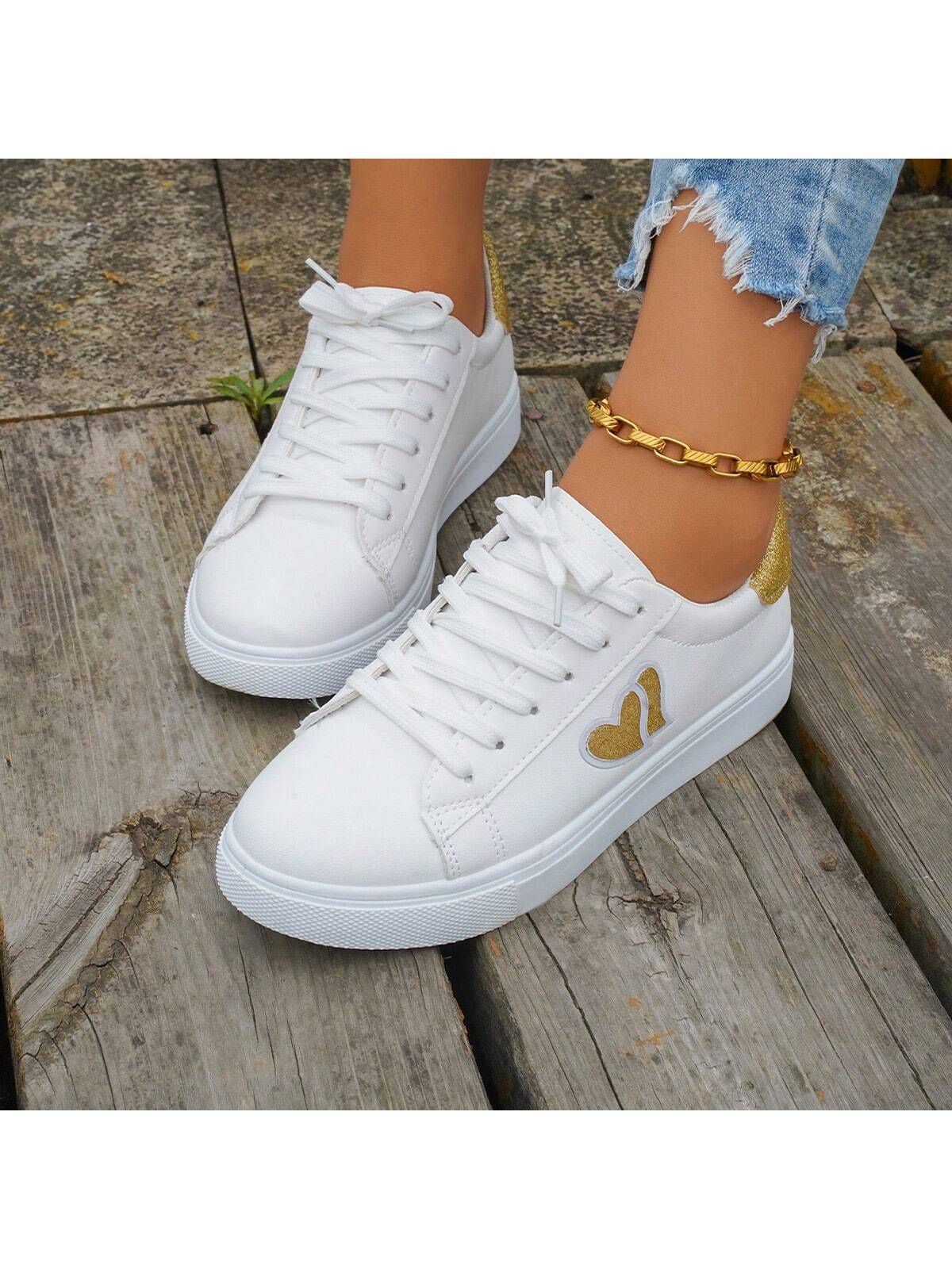 Women's White Heart Shaped Fashionable Comfortable Elegant Flat Casual Shoes, All-Match Style