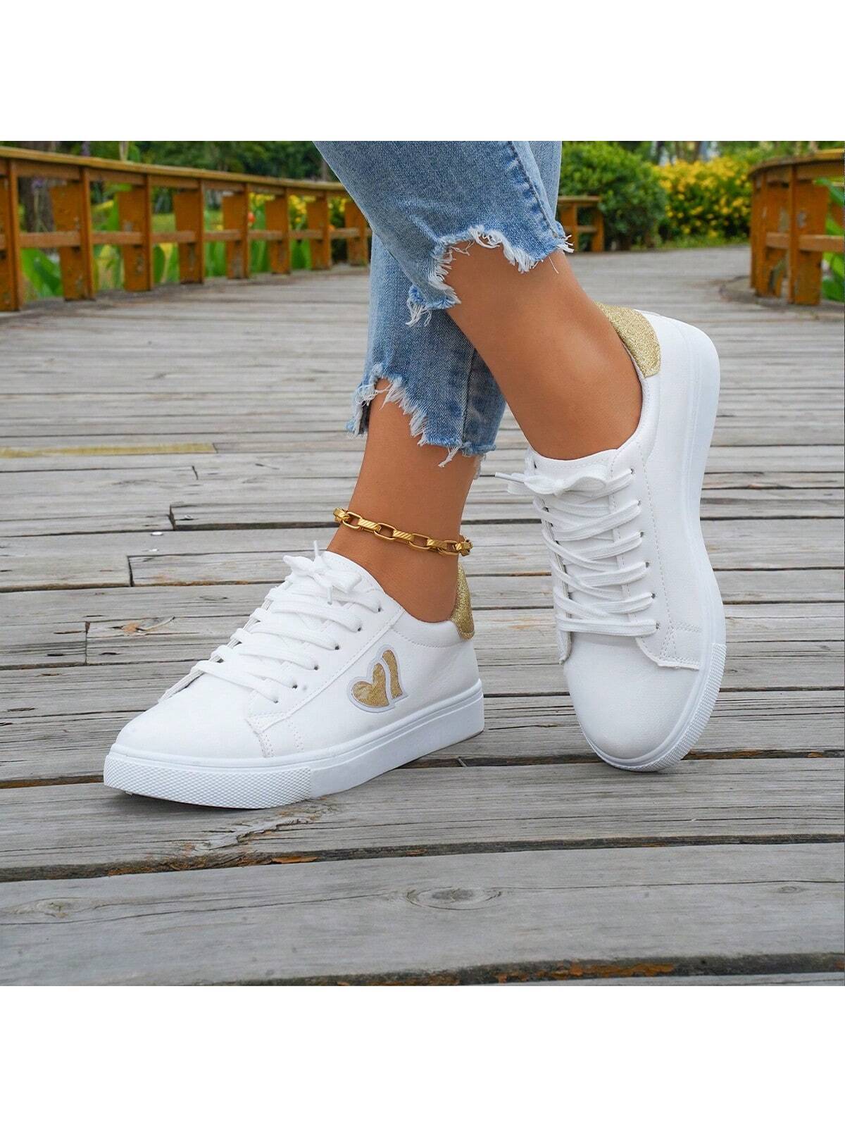 Women's White Heart Shaped Fashionable Comfortable Elegant Flat Casual Shoes, All-Match Style