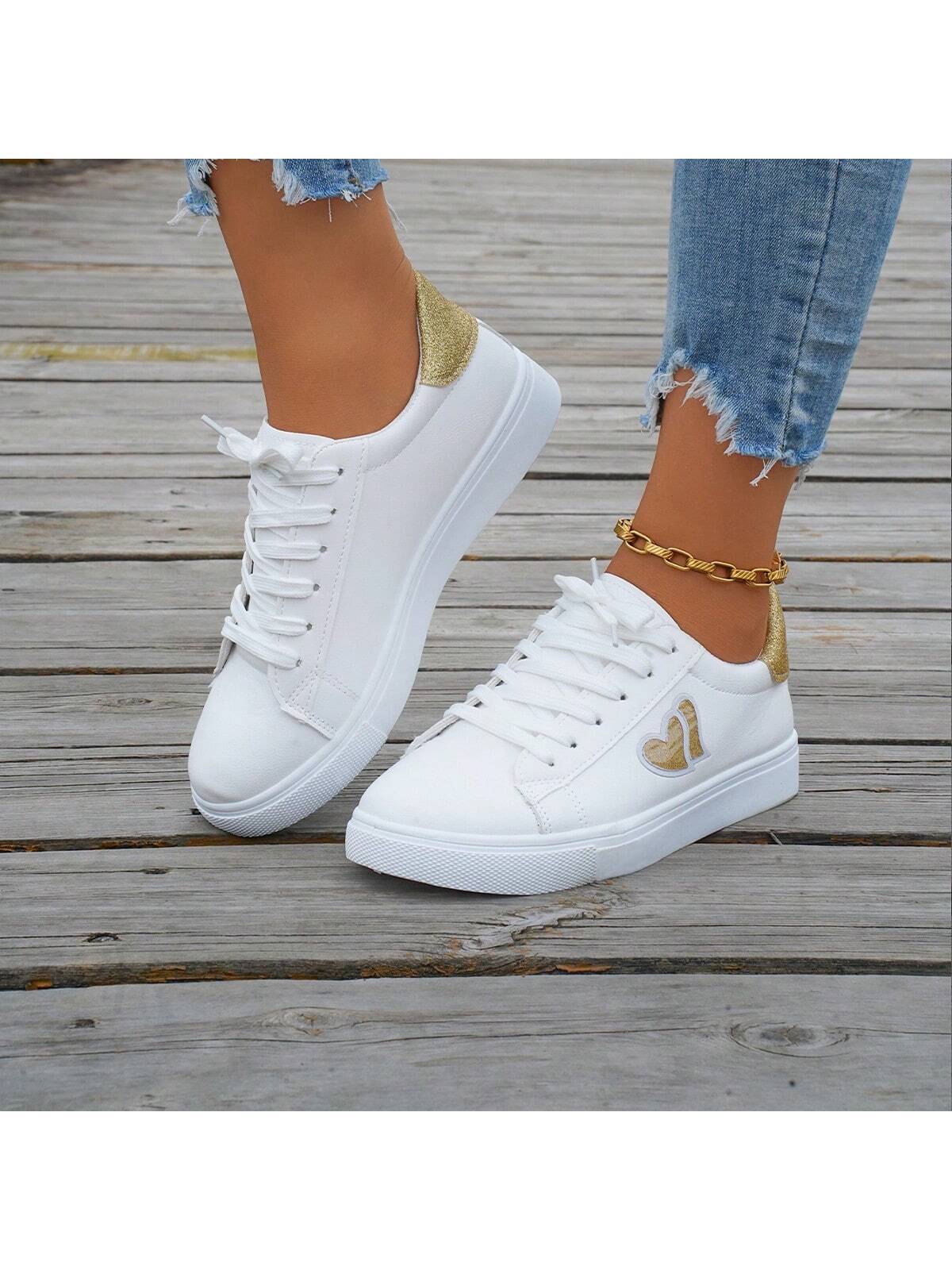 Women's White Heart Shaped Fashionable Comfortable Elegant Flat Casual Shoes, All-Match Style