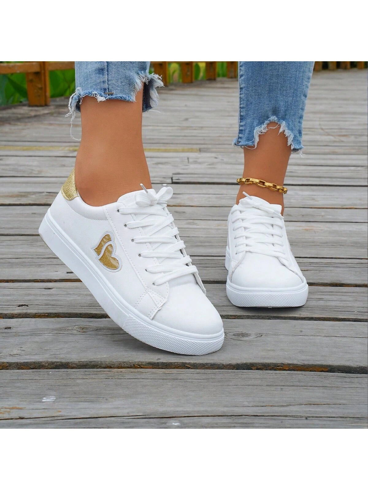 Women's White Heart Shaped Fashionable Comfortable Elegant Flat Casual Shoes, All-Match Style