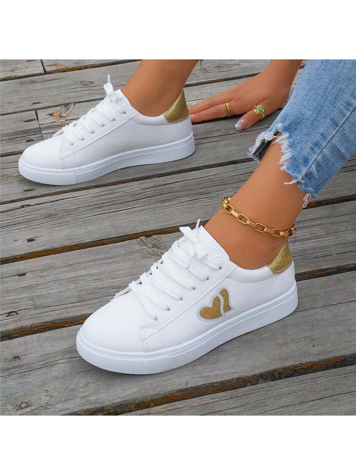 Women's White Heart Shaped Fashionable Comfortable Elegant Flat Casual Shoes, All-Match Style