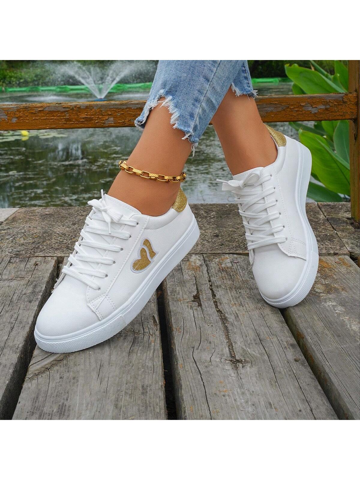 Women's White Heart Shaped Fashionable Comfortable Elegant Flat Casual Shoes, All-Match Style