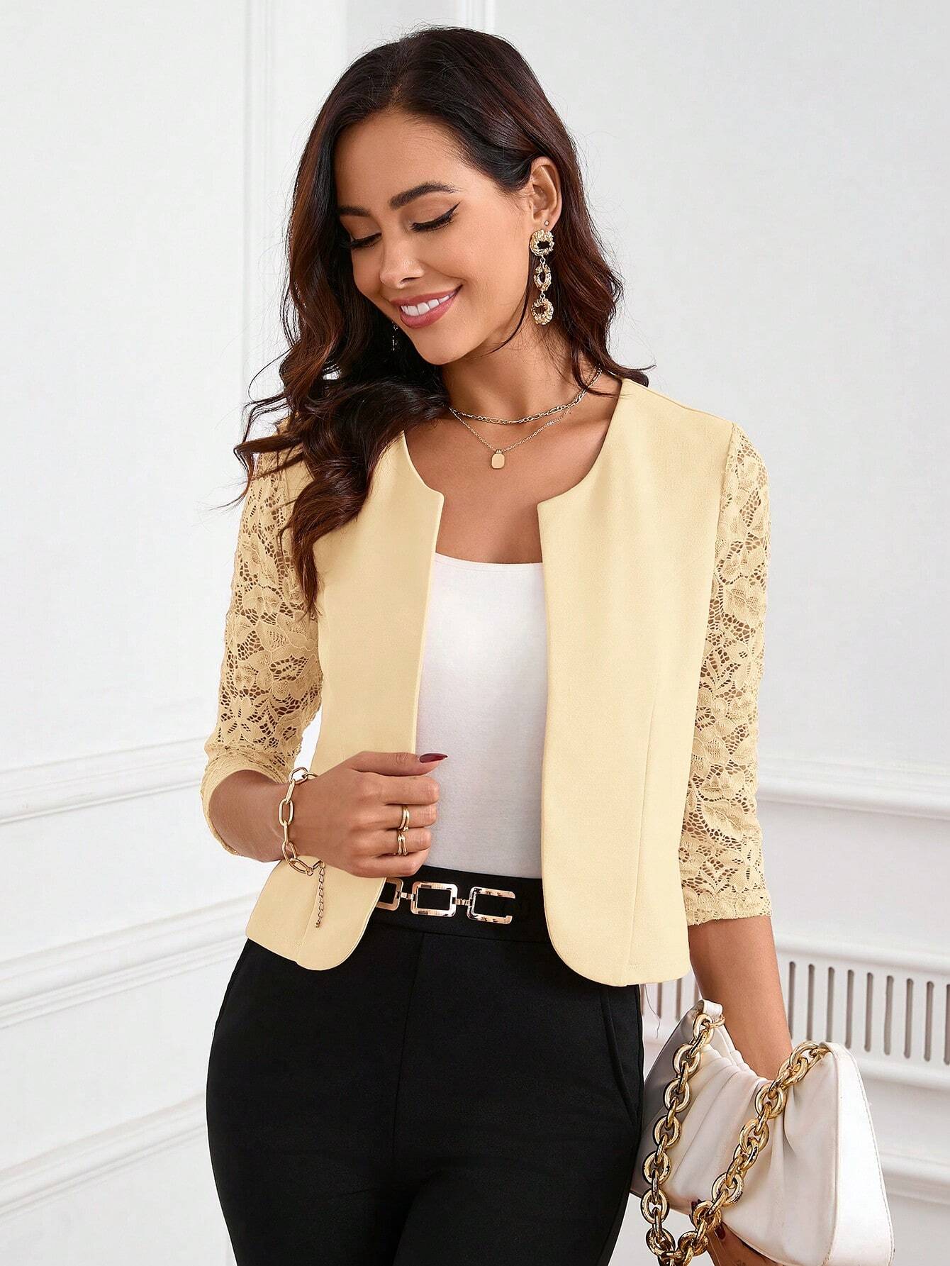 Clasi Women's Sleeve Lace Patchwork Open Front Blazer Jacket