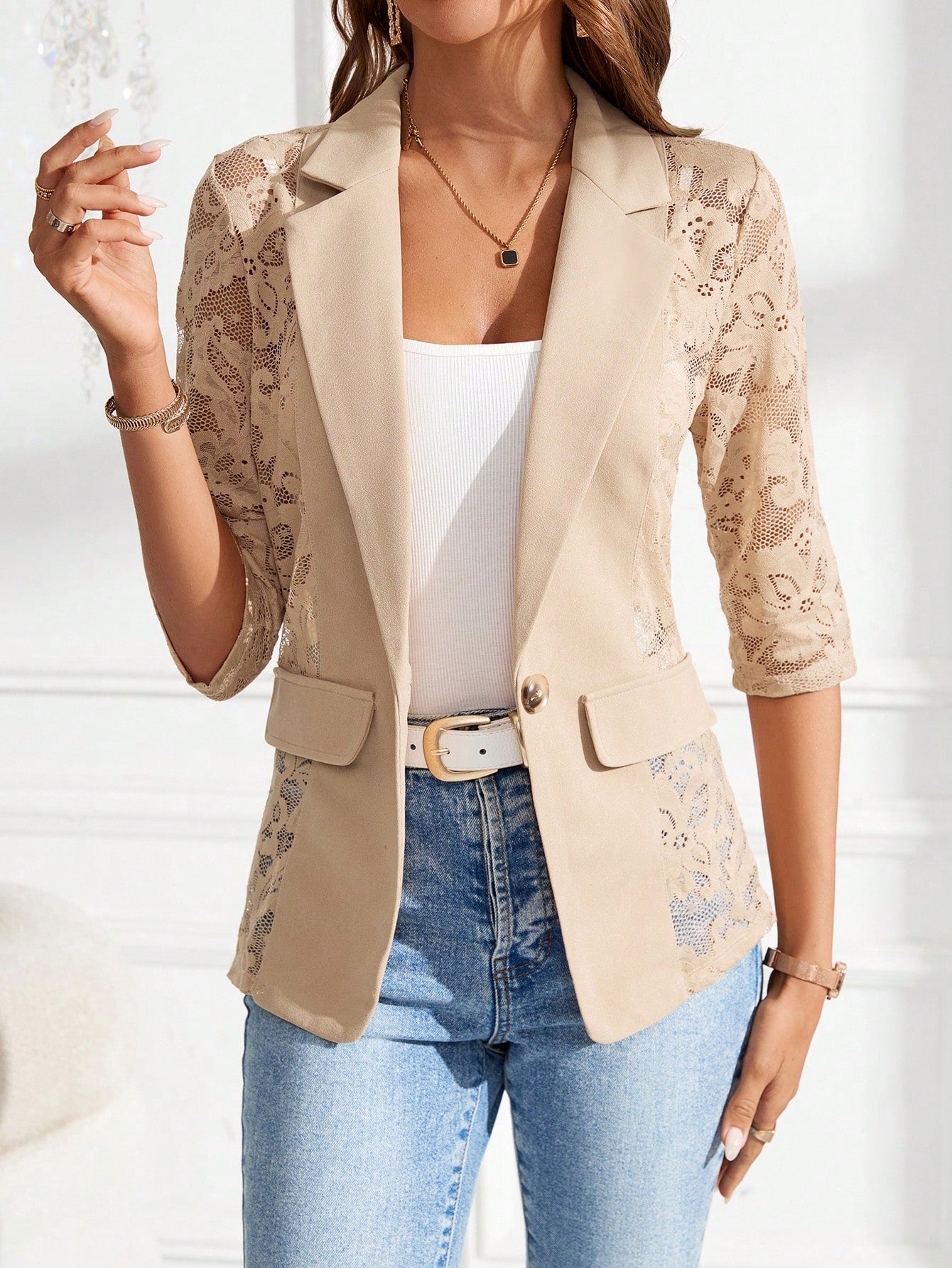 Clasi Contrast Lace Flap Detail Single Button Blazer