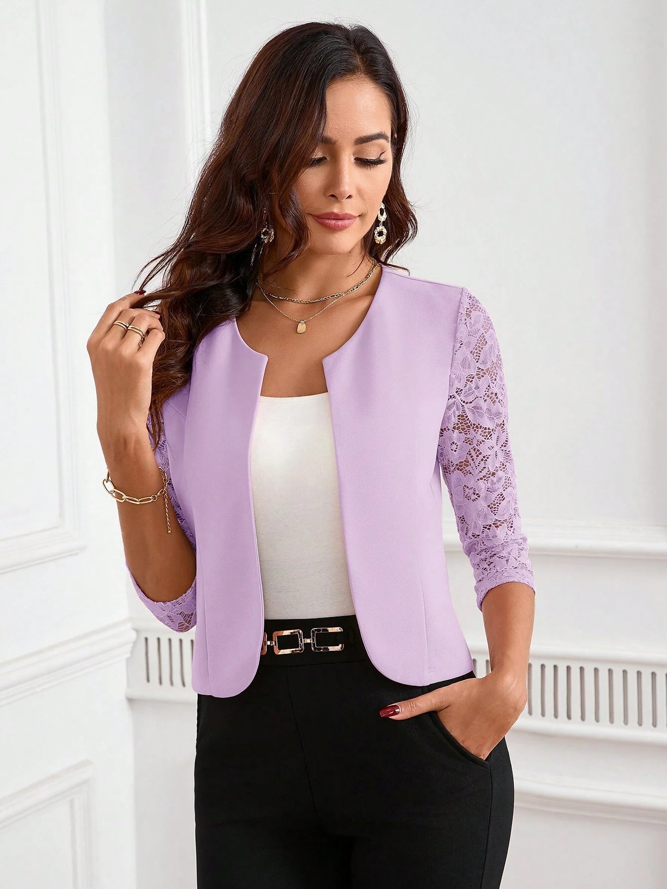 Clasi Women's Sleeve Lace Patchwork Open Front Blazer Jacket