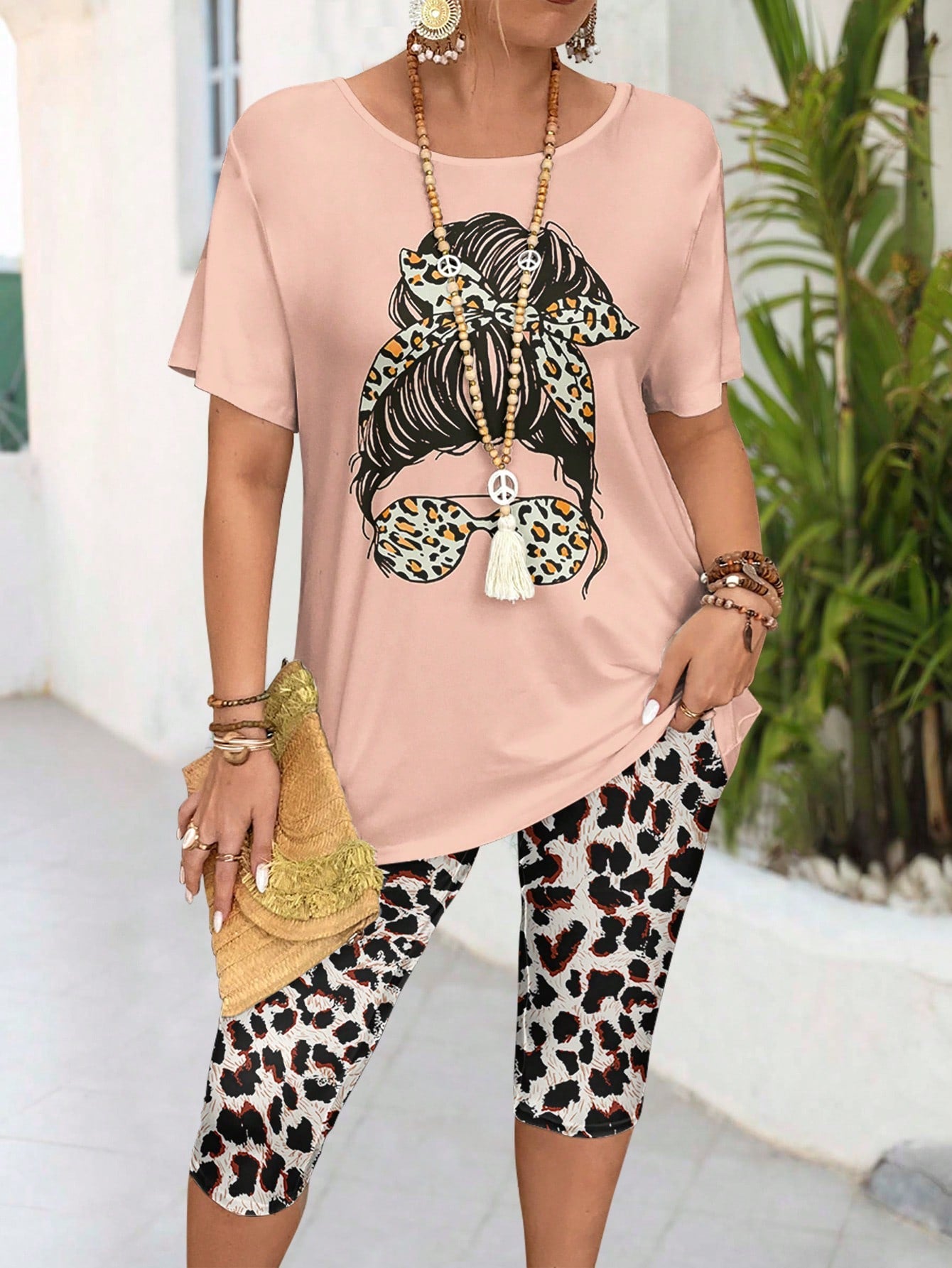 Summer Casual Marble Print Short Sleeve T-Shirt And Leggings 2-Piece Set For Plus Size Women