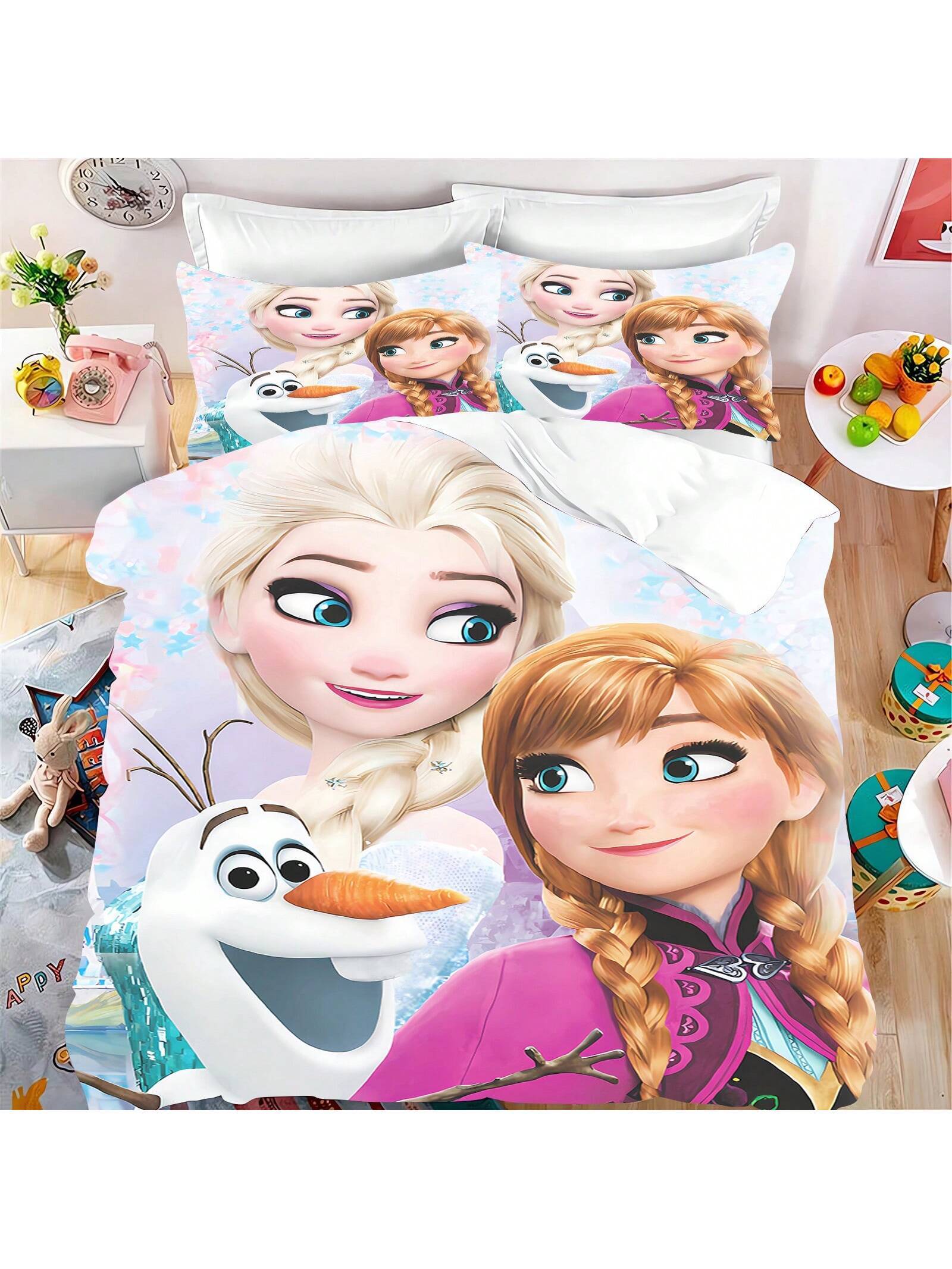 3PCS Frozen  Quilt Cover Duvet Cover Set Cartoon Pattern Pillowcase Set Polyester Skin Friendly Breathable Colorful Gift Bedroom Bedding Suitable For Children