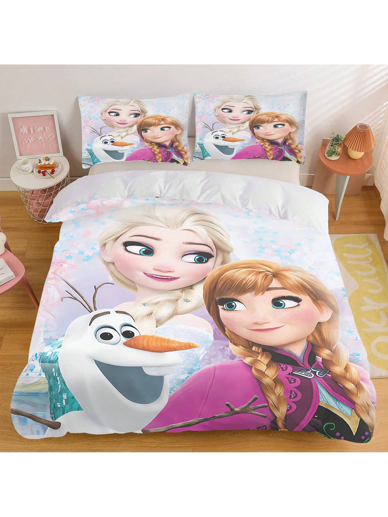 3PCS Frozen  Quilt Cover Duvet Cover Set Cartoon Pattern Pillowcase Set Polyester Skin Friendly Breathable Colorful Gift Bedroom Bedding Suitable For Children