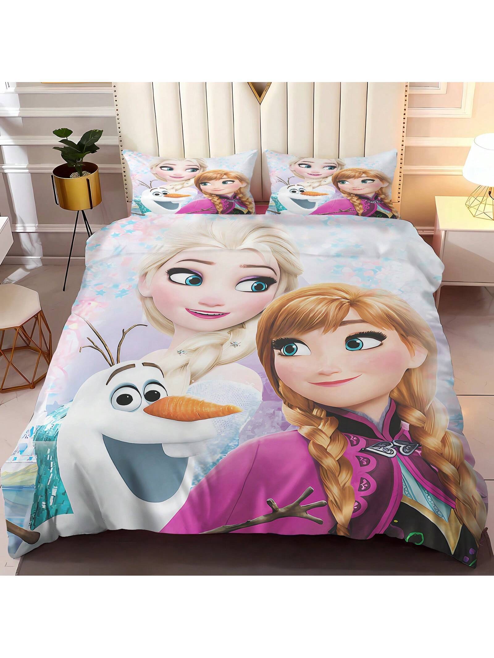 3PCS Frozen  Quilt Cover Duvet Cover Set Cartoon Pattern Pillowcase Set Polyester Skin Friendly Breathable Colorful Gift Bedroom Bedding Suitable For Children