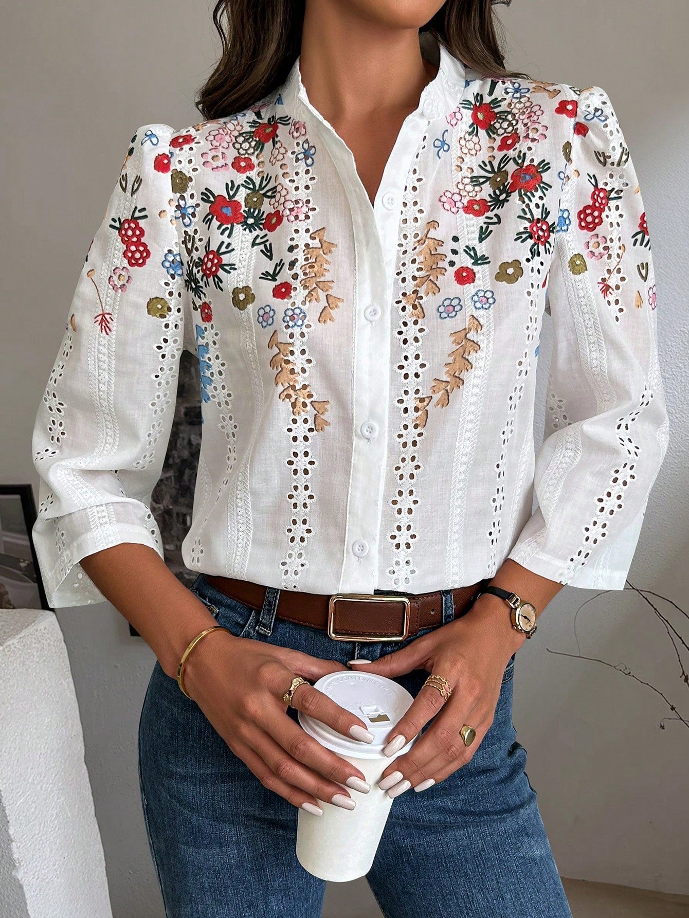 Clasi Floral Embroidery Button Front Shirt