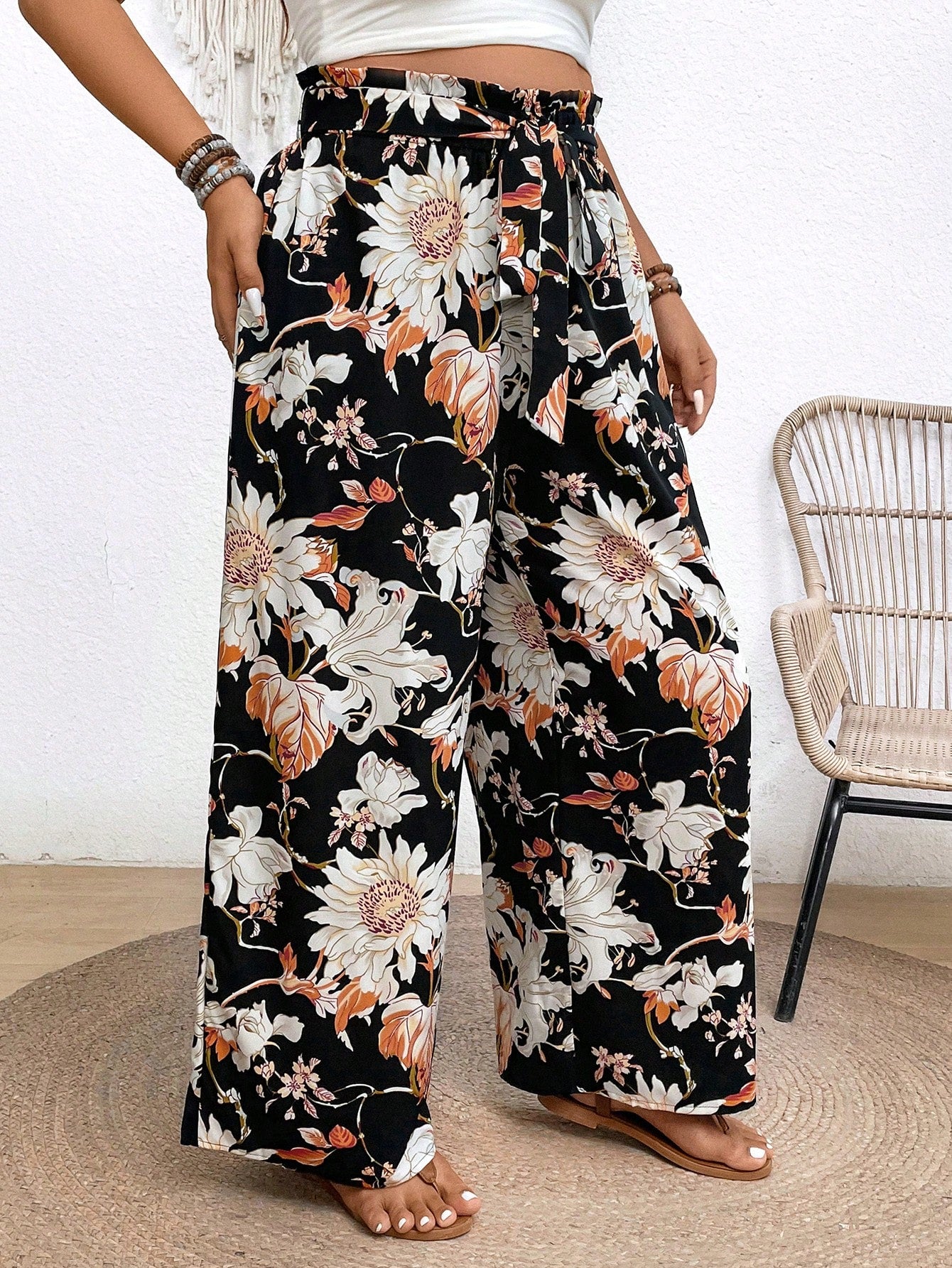 Frenchy Plus Size Women's Hawaiian Random Printed Casual Daily Pants