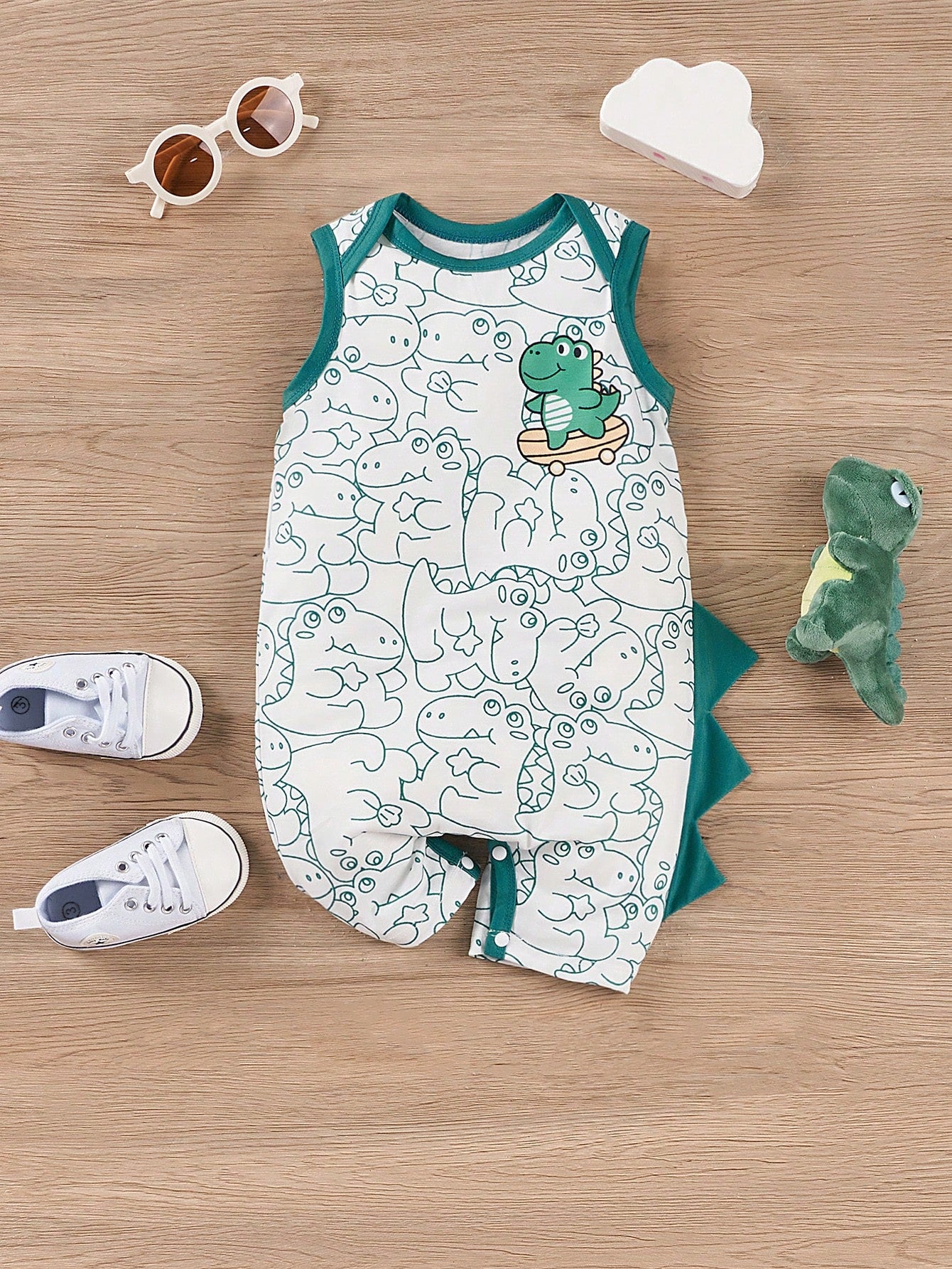 Cute Dinosaur Printed Romper With 3D Tail For Baby Boys, Summer Casual Bodysuit