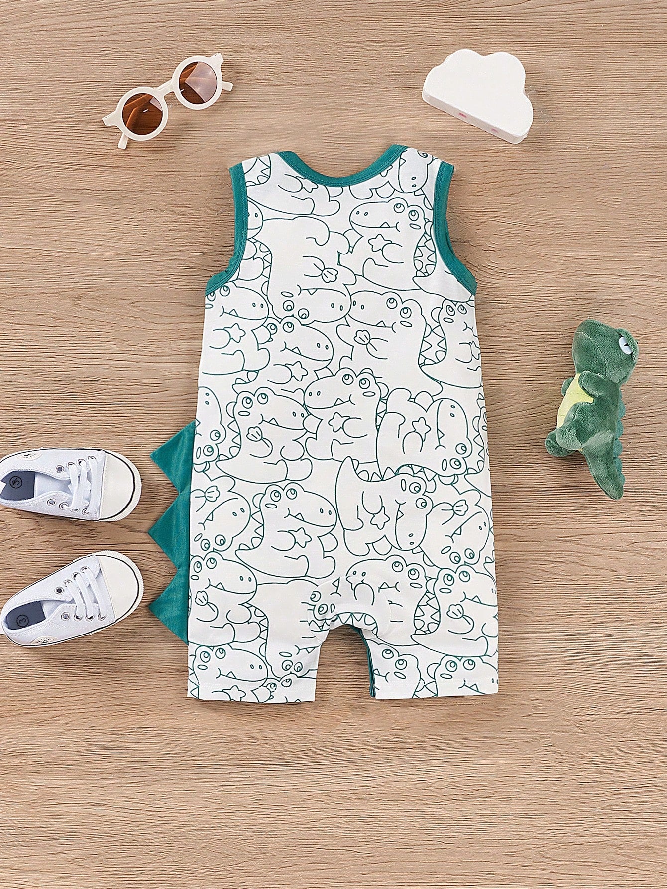 Cute Dinosaur Printed Romper With 3D Tail For Baby Boys, Summer Casual Bodysuit