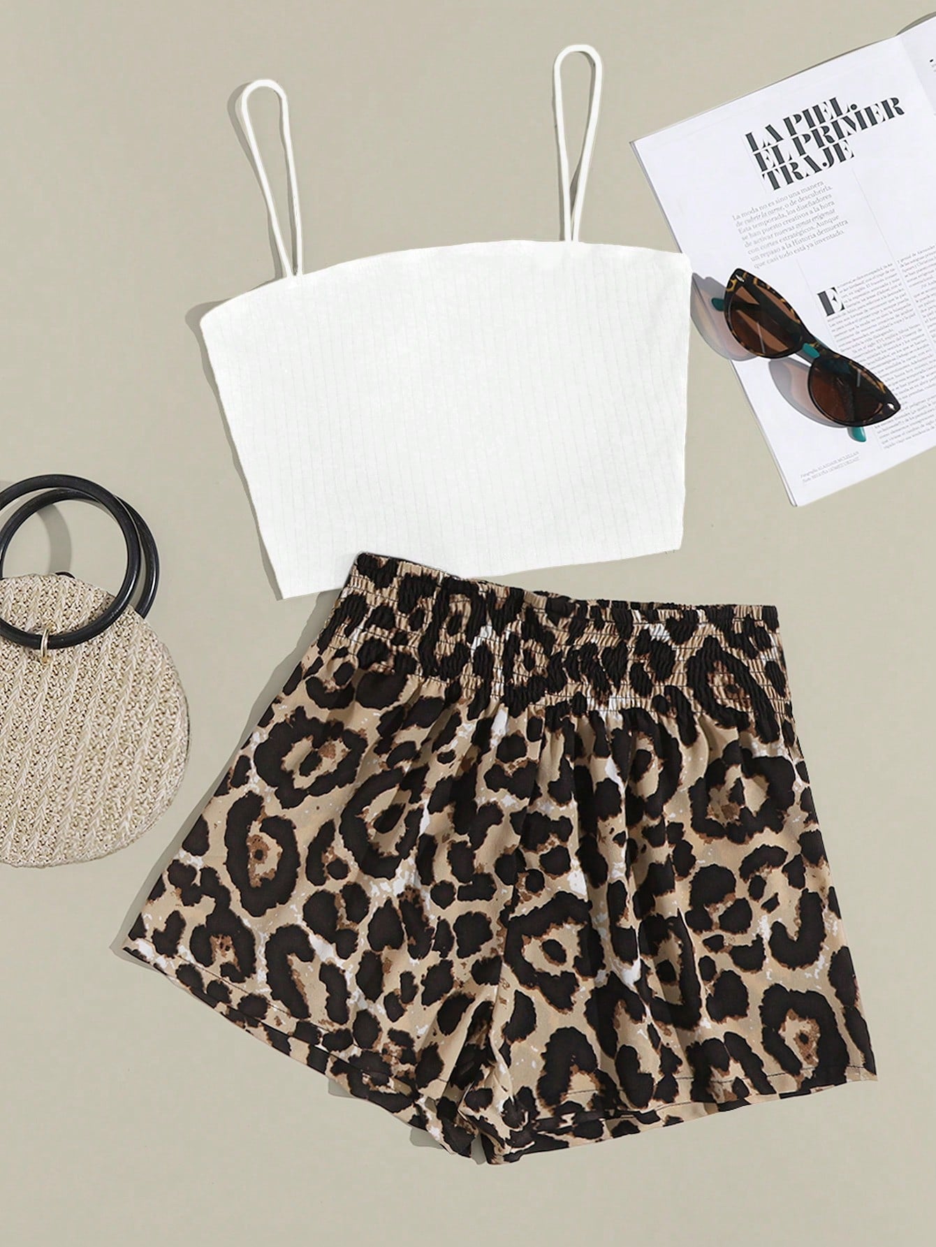 VCAY Rib-knit Solid Cami Top & Shirred Waist Leopard Shorts Set