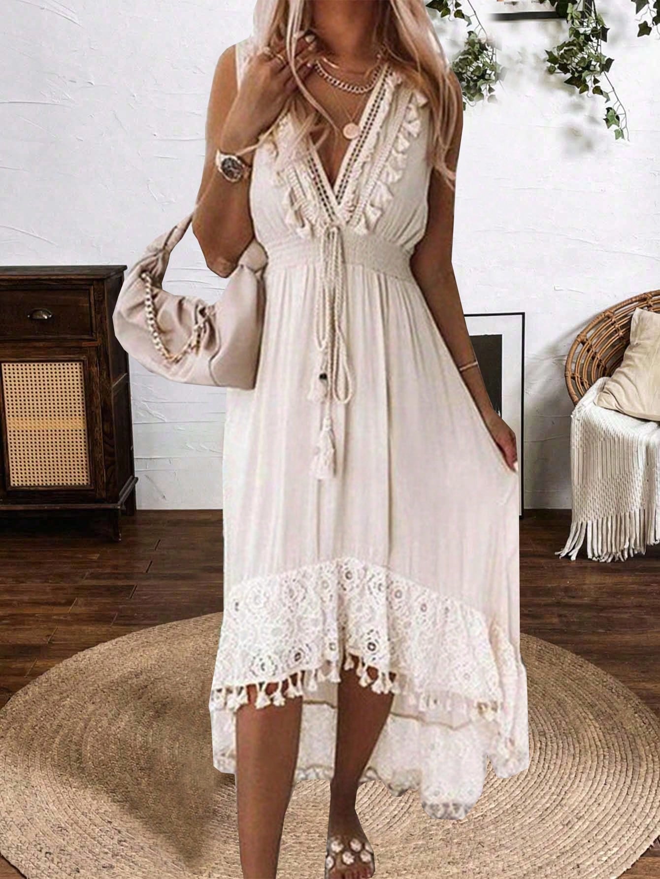 Patchwork Lace Fringe V-Neck Sleeveless Asymmetrical Midi Dress With Waist Tie