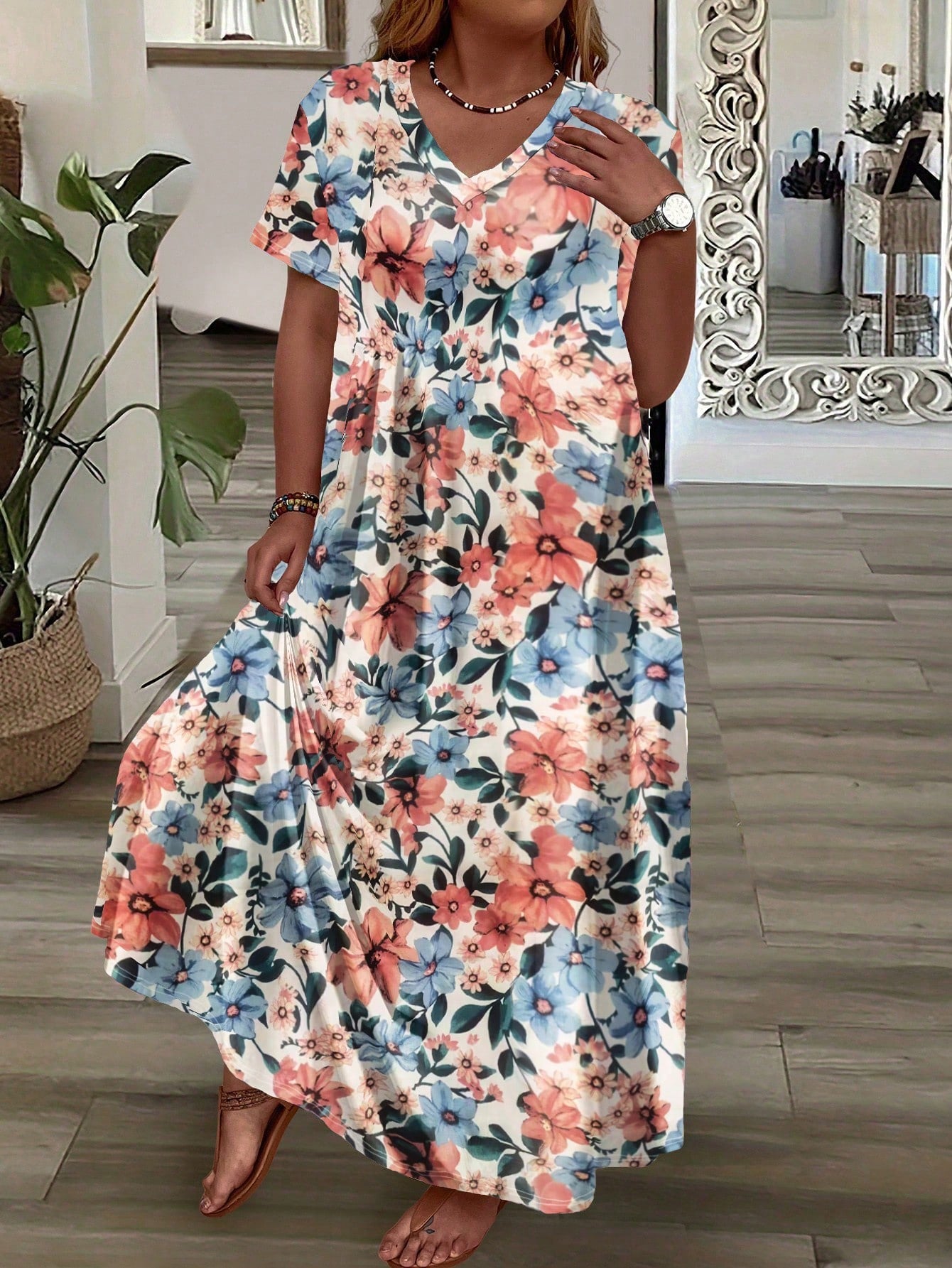 Plus Size V-Neck Floral Printed Summer Short Sleeve Dress