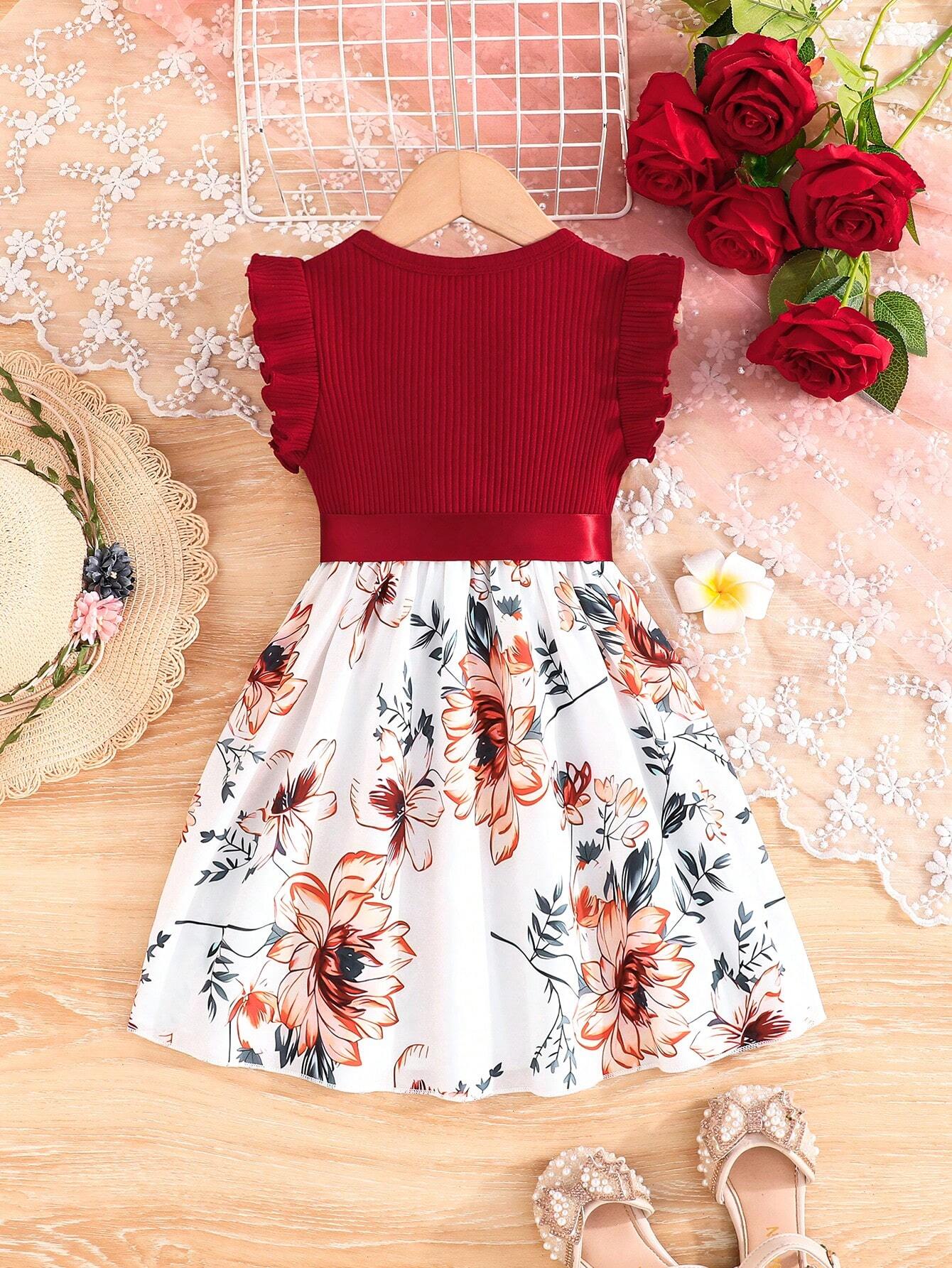 Young Girl Summer New Arrival Fashionable Dress With Ruffle Cuffs And Pocket Design, Featuring Floral Print And Striped Patchwork Details