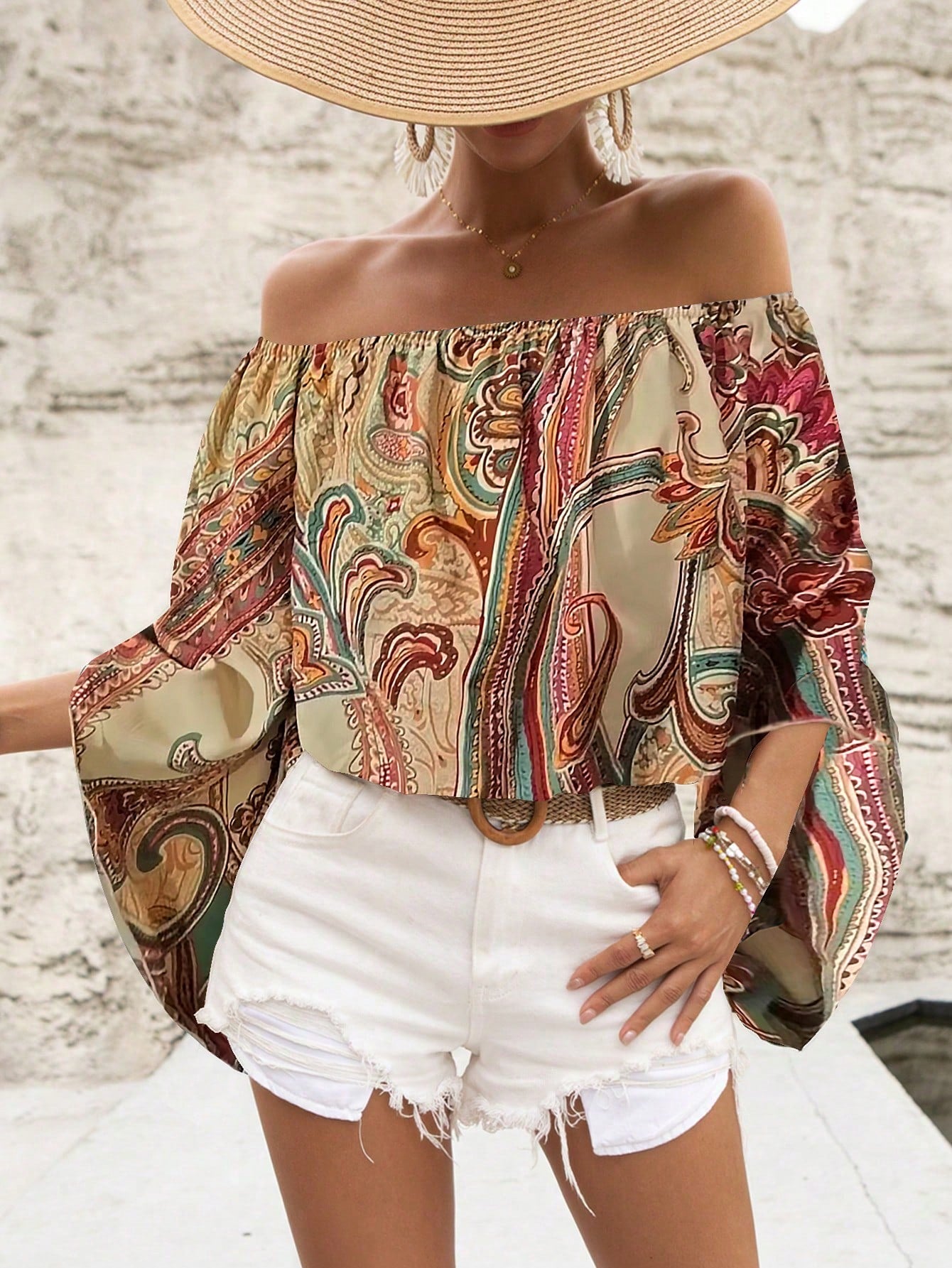 Holidaya Paisley Print Off Shoulder Trumpet Sleeve Blouse