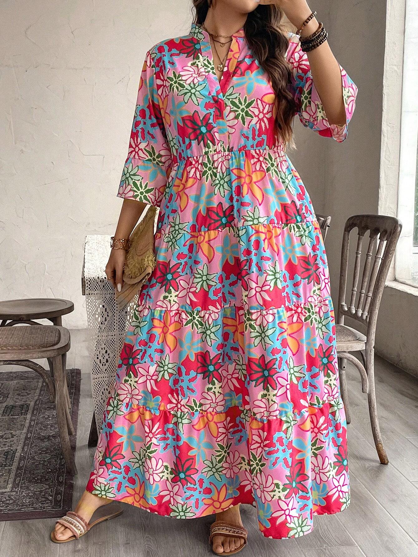 LUNE Plus Size Floral Allover Print Notched Neck Dress For Casual/Vacation Wear Christmas Women Clothes Christmas Dress