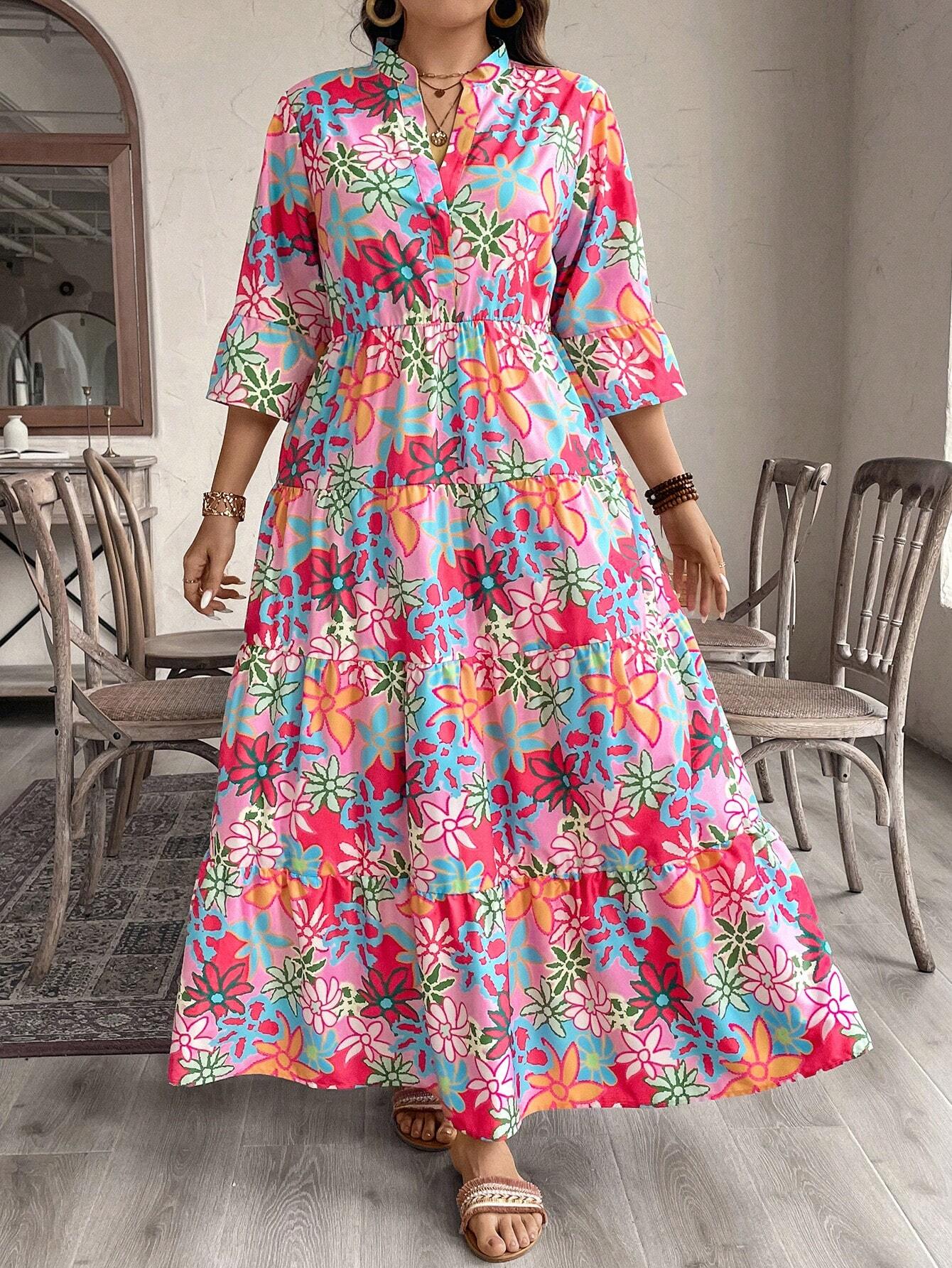 LUNE Plus Size Floral Allover Print Notched Neck Dress For Casual/Vacation Wear Christmas Women Clothes Christmas Dress