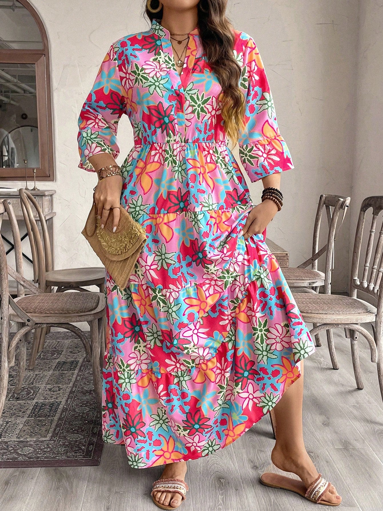 LUNE Plus Size Floral Allover Print  Casual 4-Layer  V-Neck Ruffle Trim Short Sleeve Layered Hem Swing Summer Dress For Vacation And Casual Wear