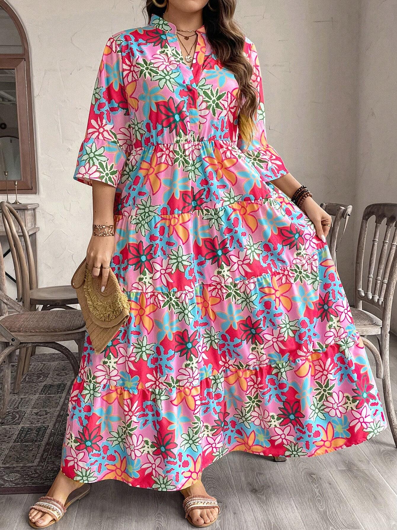 LUNE Plus Size Floral Allover Print Notched Neck Dress For Casual/Vacation Wear Christmas Women Clothes Christmas Dress