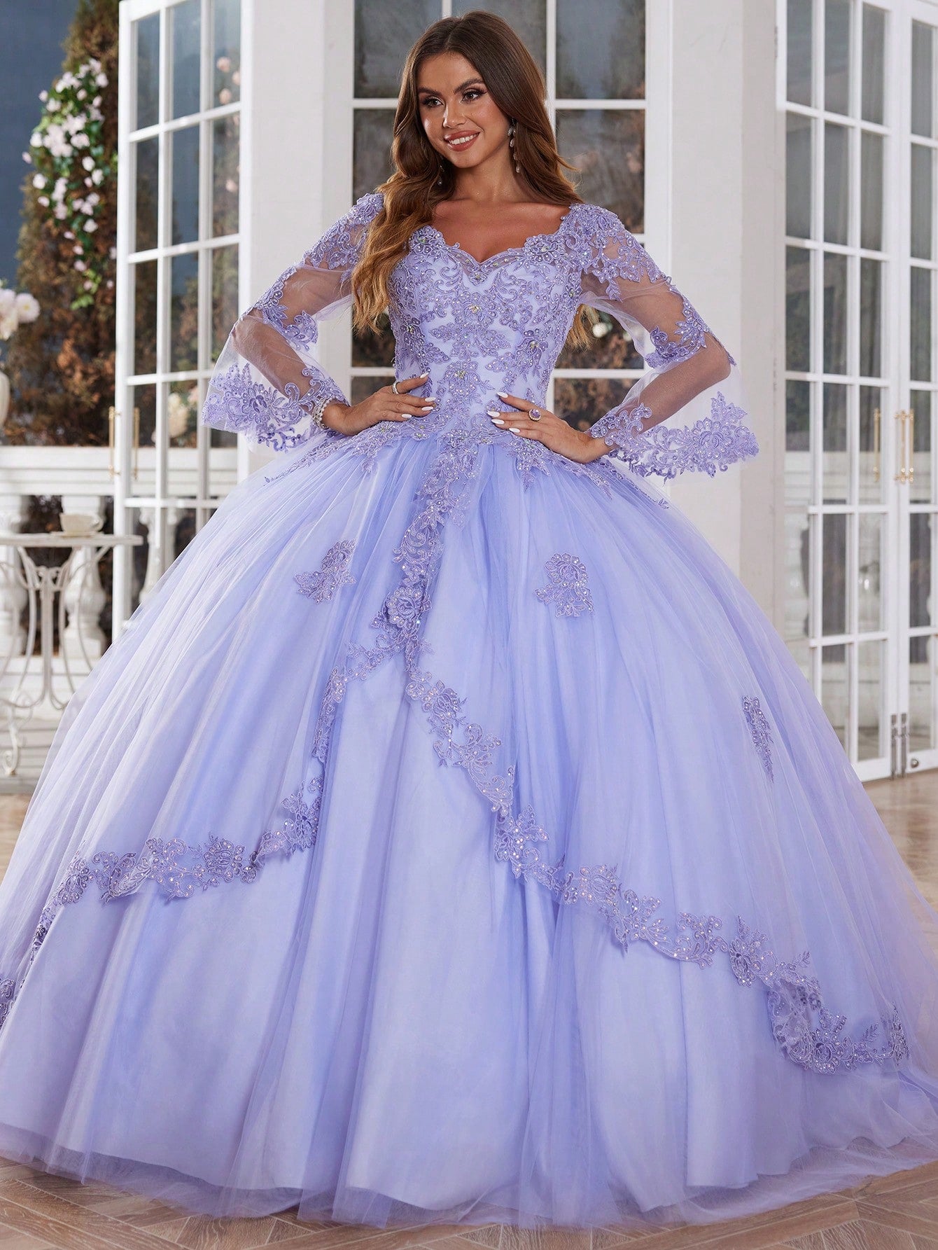 Pretty Lilac Long Sleeves Lace Quinceanera Dresses For Teens Sweet 15 Party Dresses For Girl Princess Formal Evening Gowns Lace Up Back