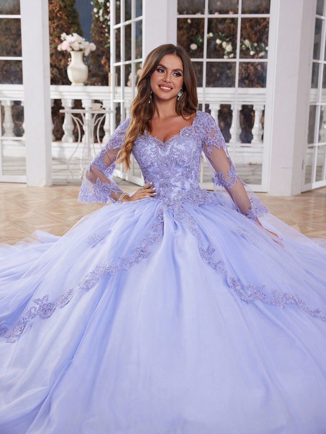 Pretty Lilac Long Sleeves Lace Quinceanera Dresses For Teens Sweet 15 Party Dresses For Girl Princess Formal Evening Gowns Lace Up Back