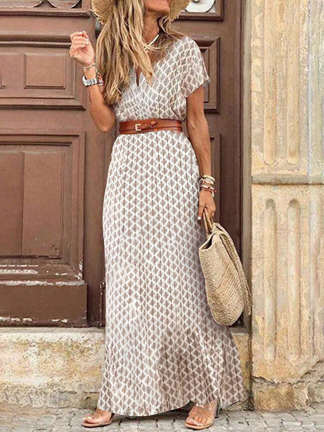 Franclia Autumn Teacher Printed Wrap Long Dress With Cinched Waist, V-Neck, Bat Wing Sleeves And Side Slit, Extra Long For Women