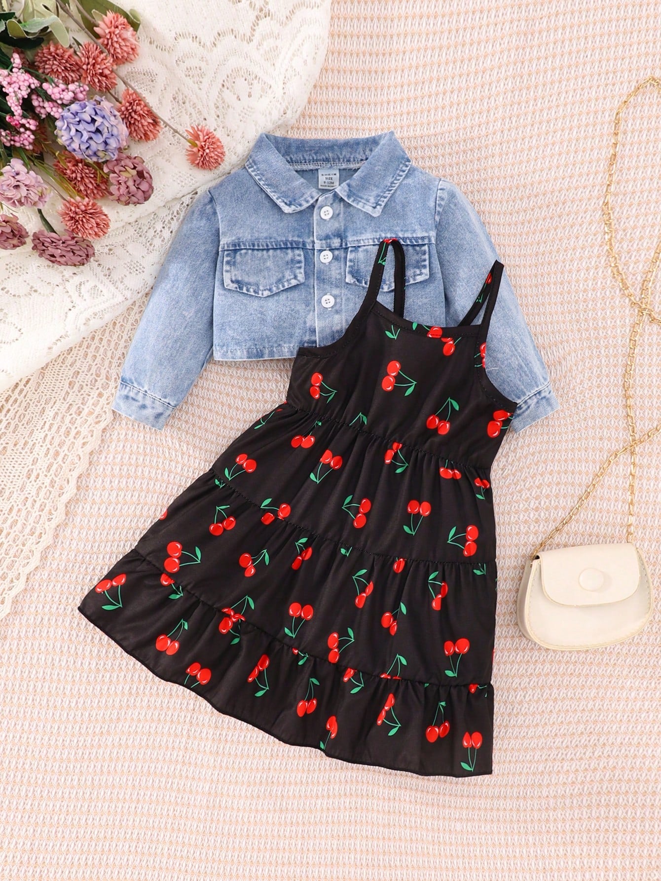 Baby Girl Flap Pocket Denim Jacket & Floral Print Ruffle Hem Cami Dress