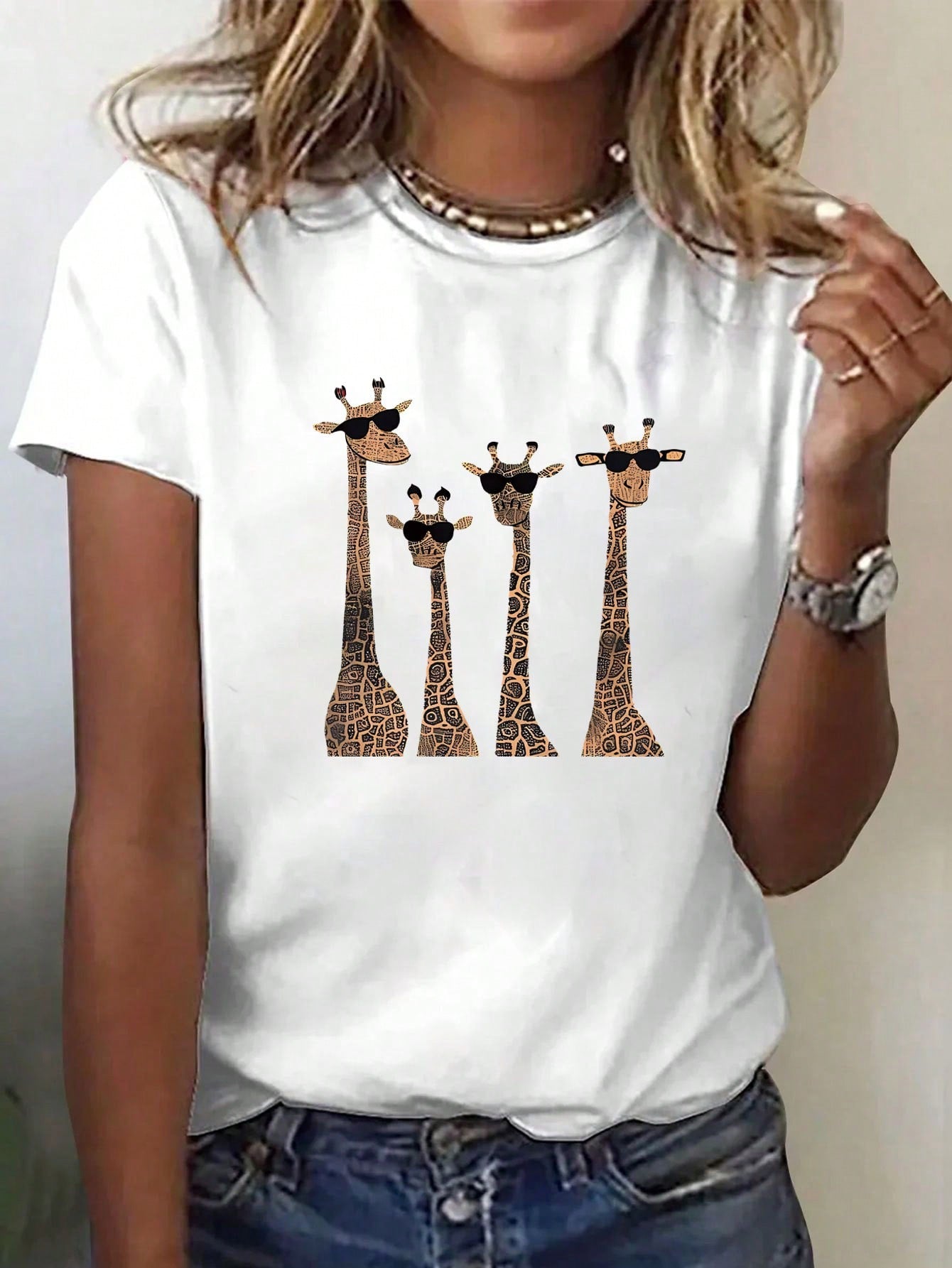 LUNE 4pcs Giraffe Pattern Short Sleeve T-Shirt With Eye Decoration, Casual