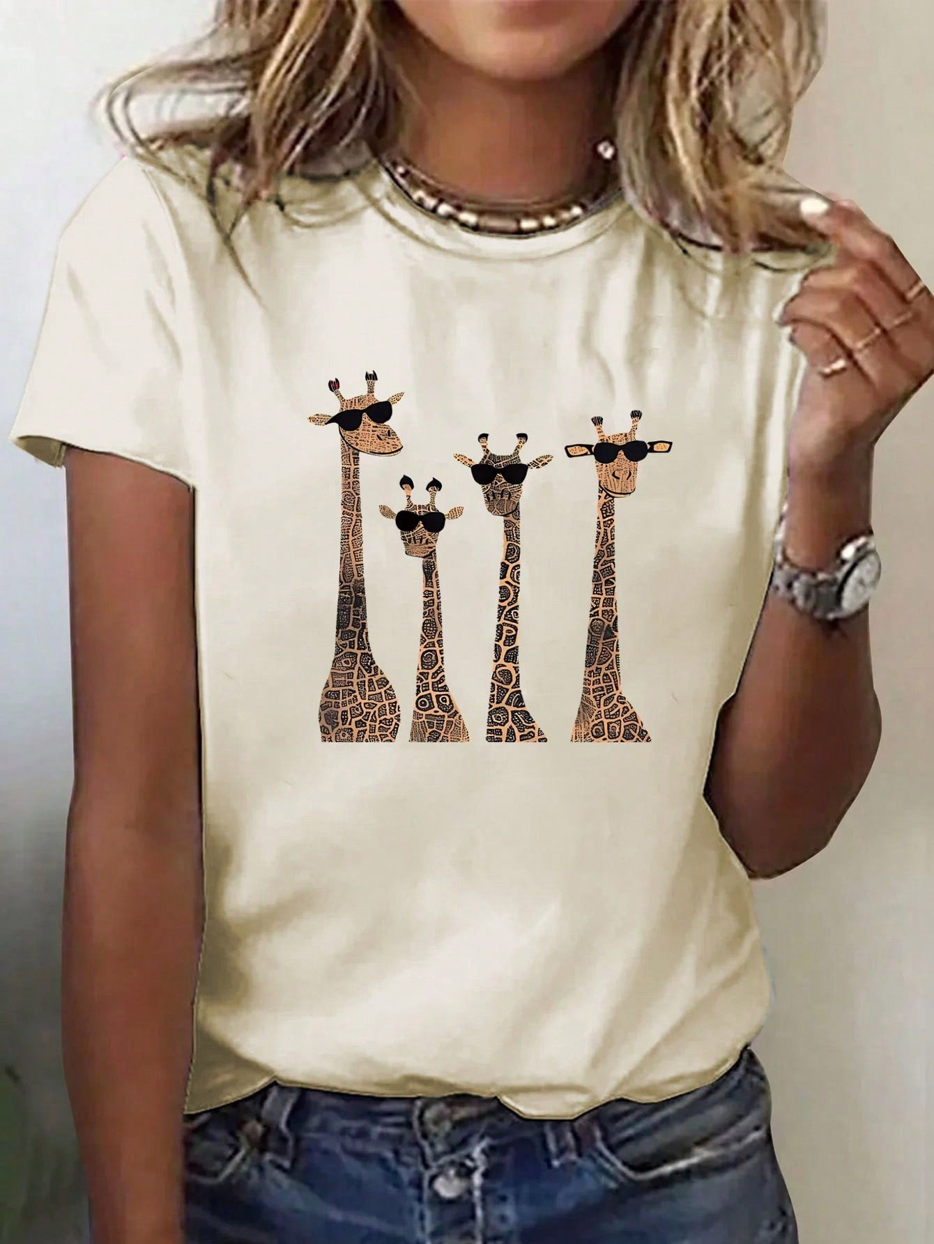 LUNE 4pcs Giraffe Pattern Short Sleeve T-Shirt With Eye Decoration, Casual