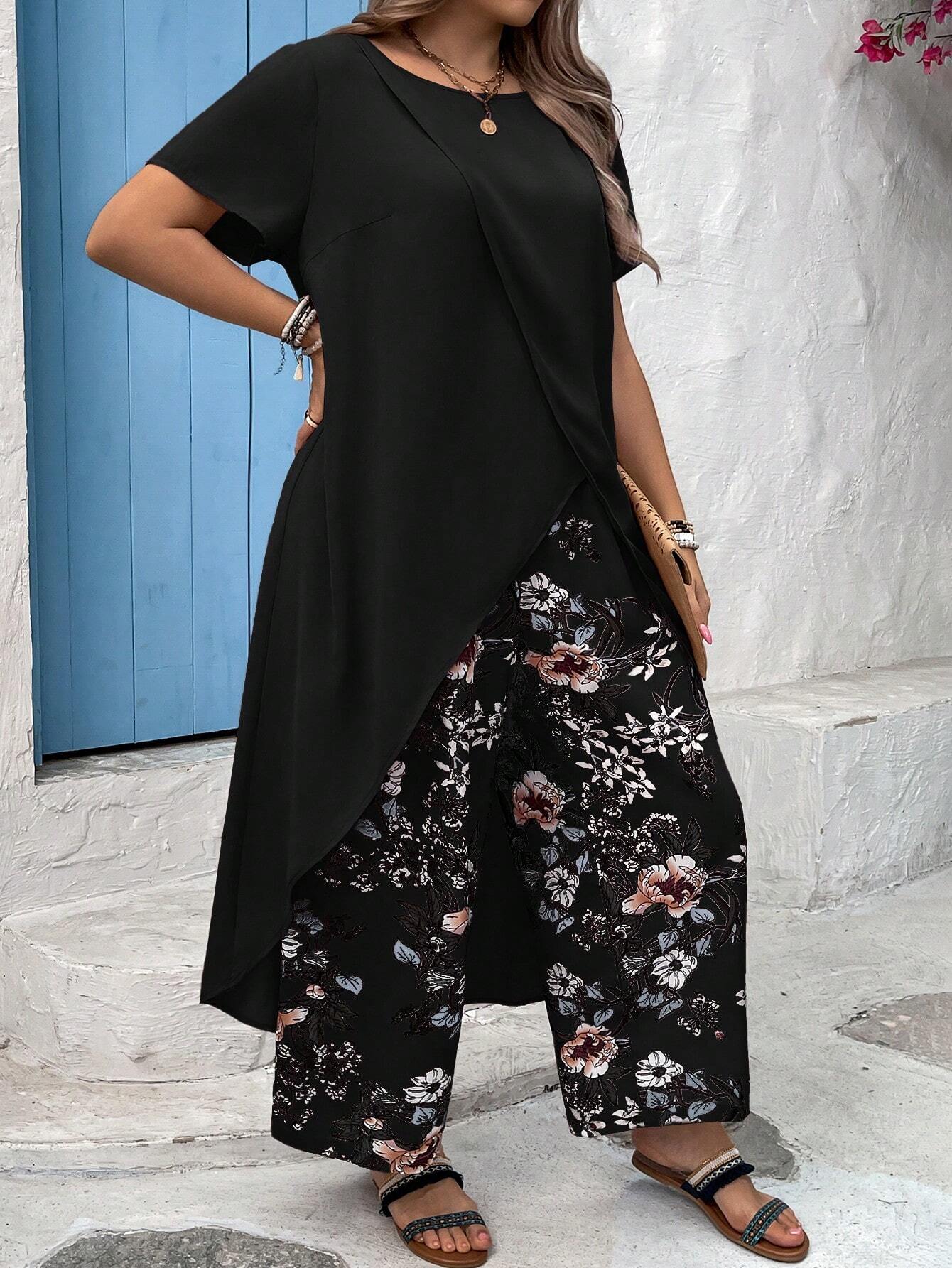 VCAY Plus Size Long Tail Vacation Short Sleeve Shirt & Flower Print Long Pants Set