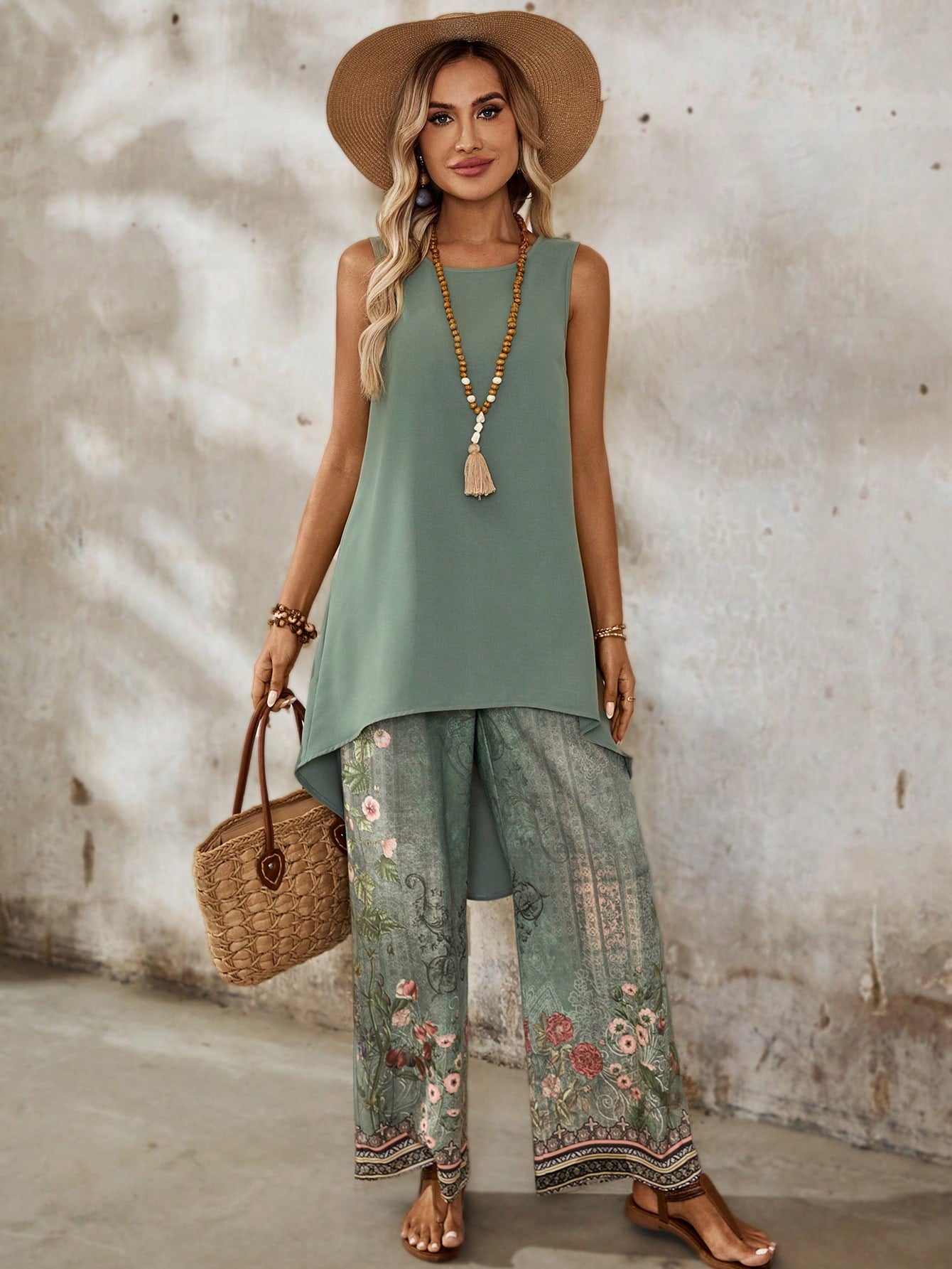 EMERY ROSE Retro Graphic Green Floral Casual Women's Summer Daily Two-Piece Dress Top And Pants Set