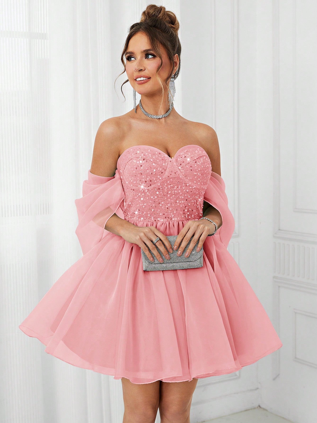 Belle Elegant Strapless Puffy Puff Sleeve Dress With Beaded Accents And Large A-Line Dress, Perfect For Cocktail Parties