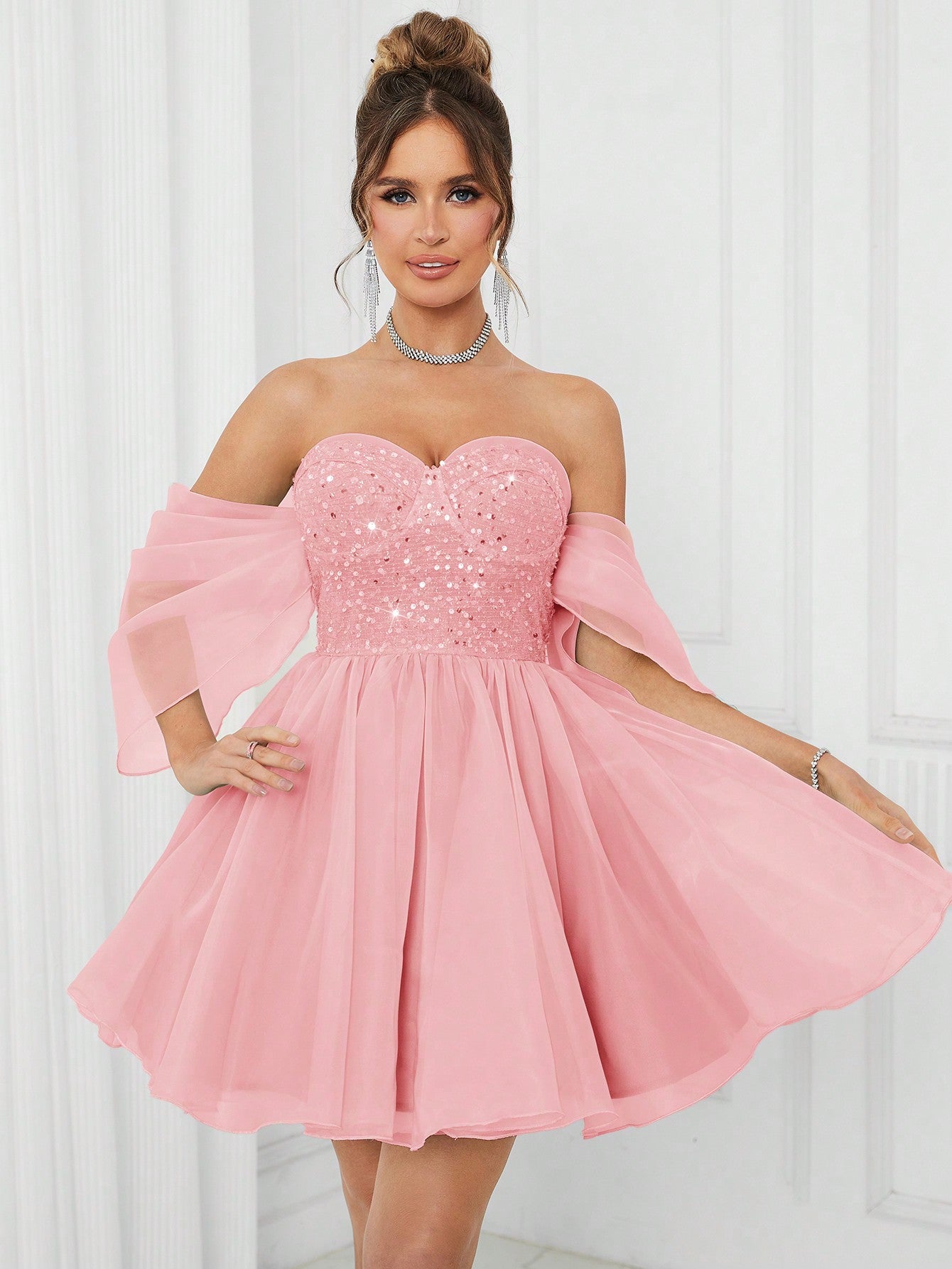 Belle Elegant Strapless Puffy Puff Sleeve Dress With Beaded Accents And Large A-Line Dress, Perfect For Cocktail Parties