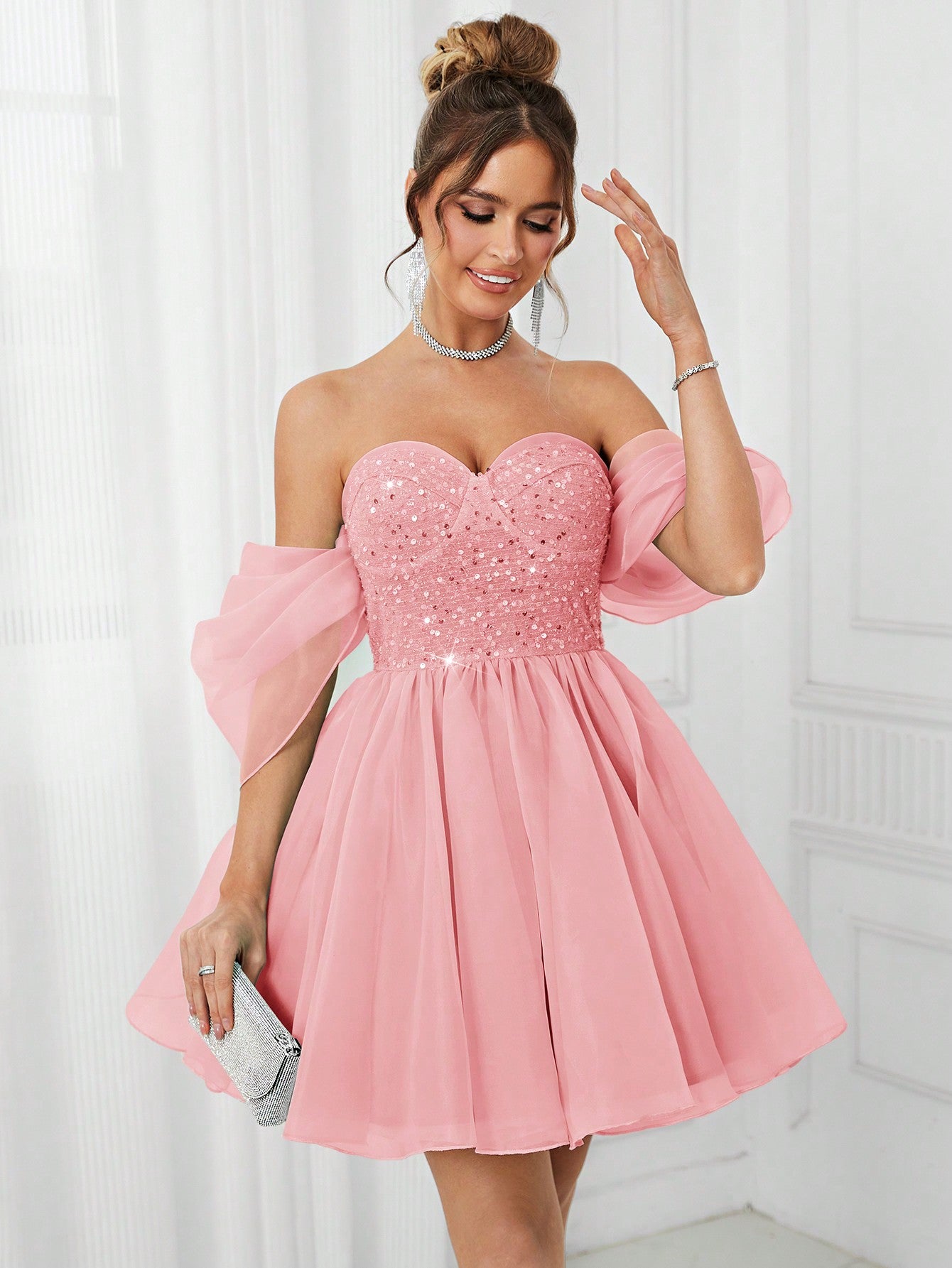 Belle Elegant Strapless Puffy Puff Sleeve Dress With Beaded Accents And Large A-Line Dress, Perfect For Cocktail Parties