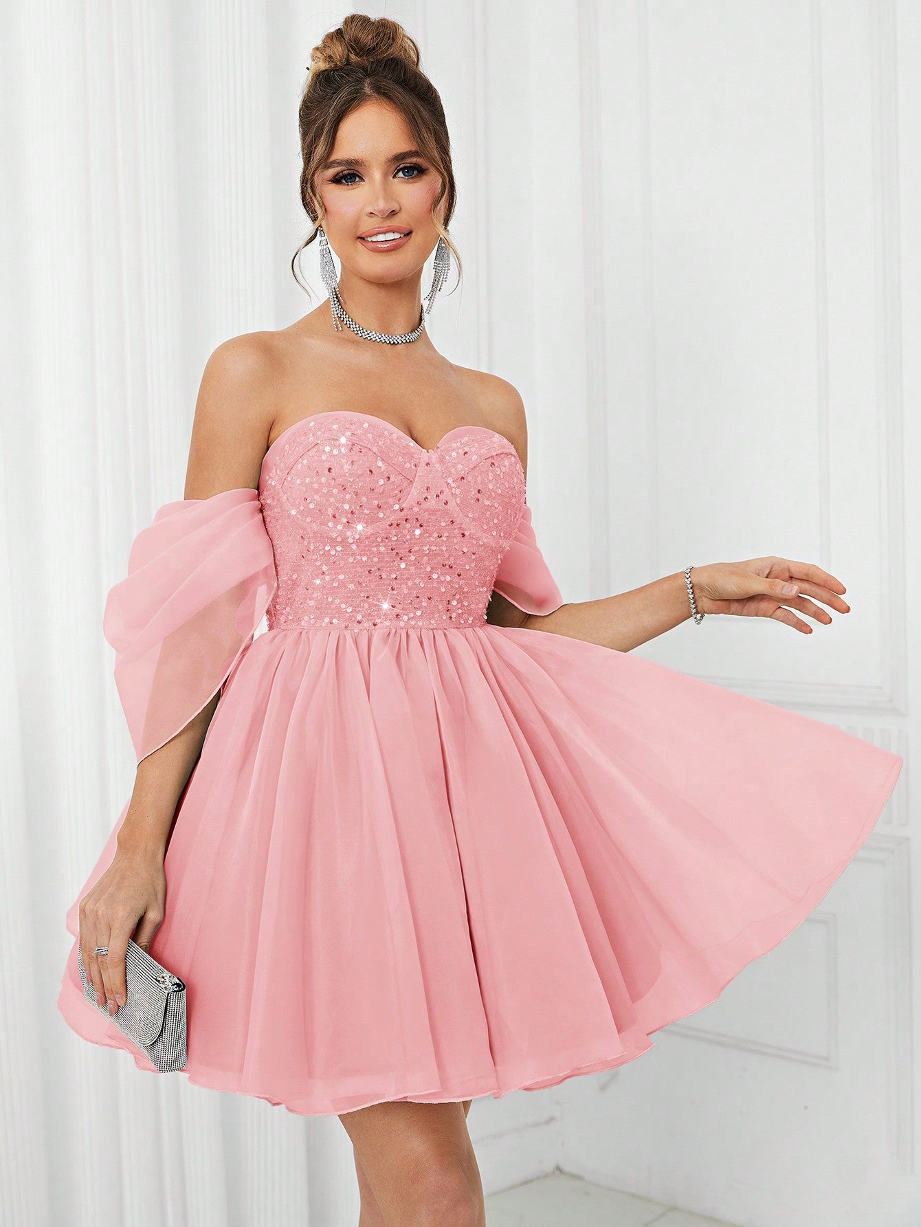 Belle Elegant Strapless Puffy Puff Sleeve Dress With Beaded Accents And Large A-Line Dress, Perfect For Cocktail Parties