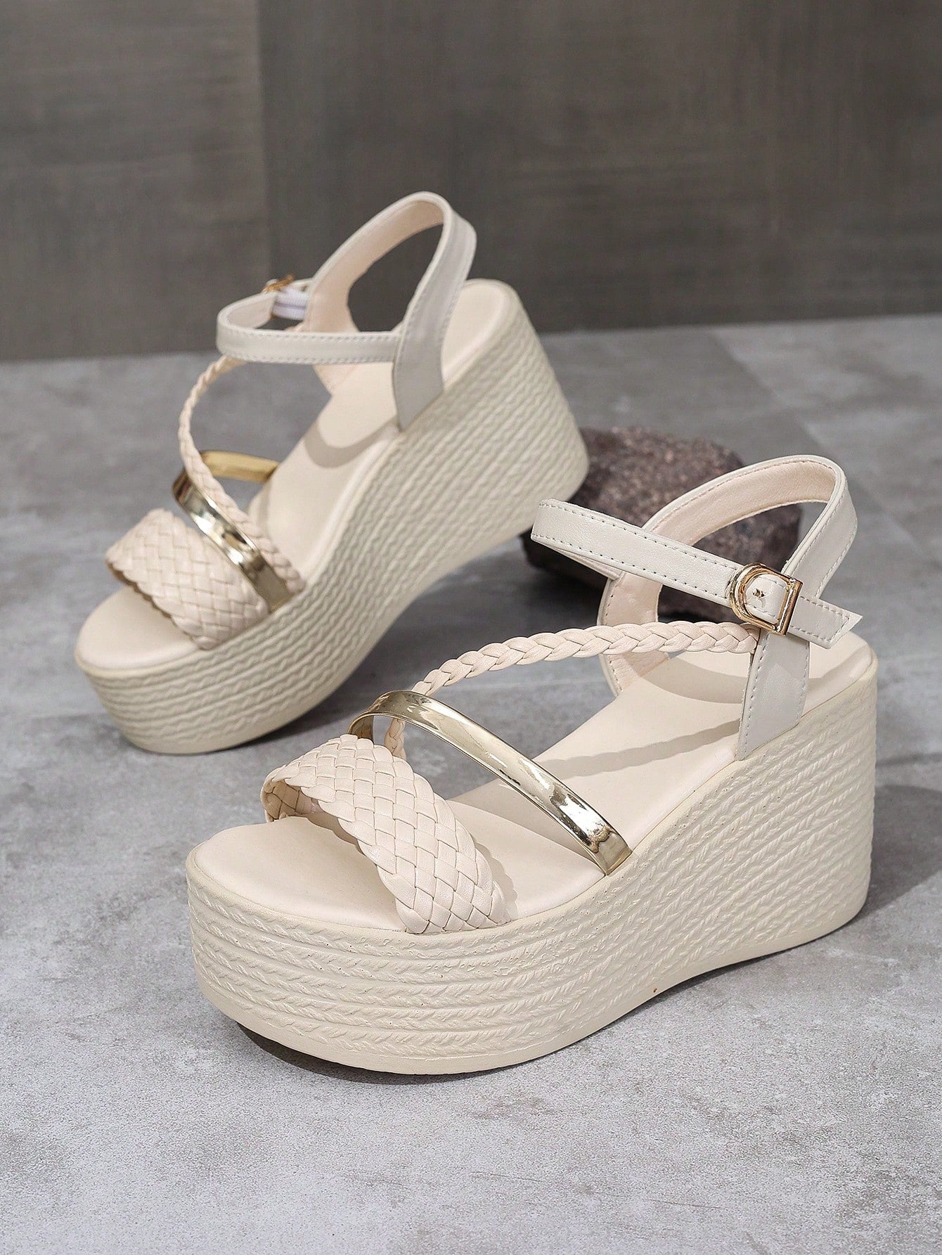 Women's New Summer Woven Strap Fashionable Wedge Sandals With Open-Toe And Thick Sole