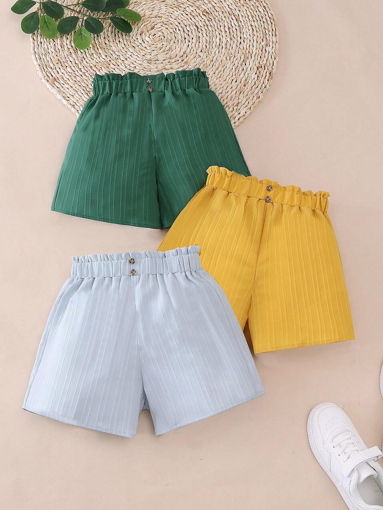 3pcs/Set Tween Girl Casual Solid Color Buttoned Shorts, Summer