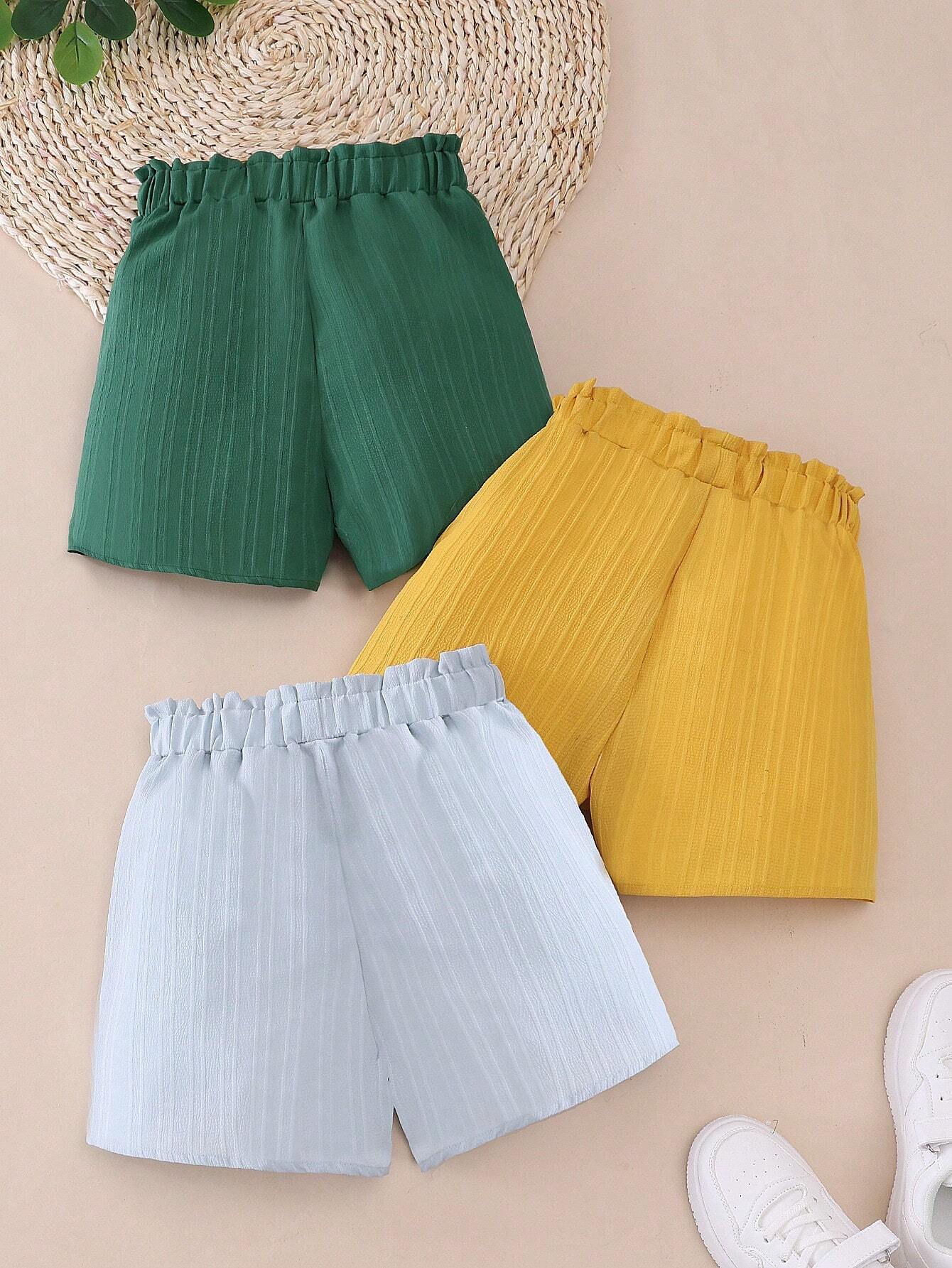 3pcs/Set Tween Girl Casual Solid Color Buttoned Shorts, Summer