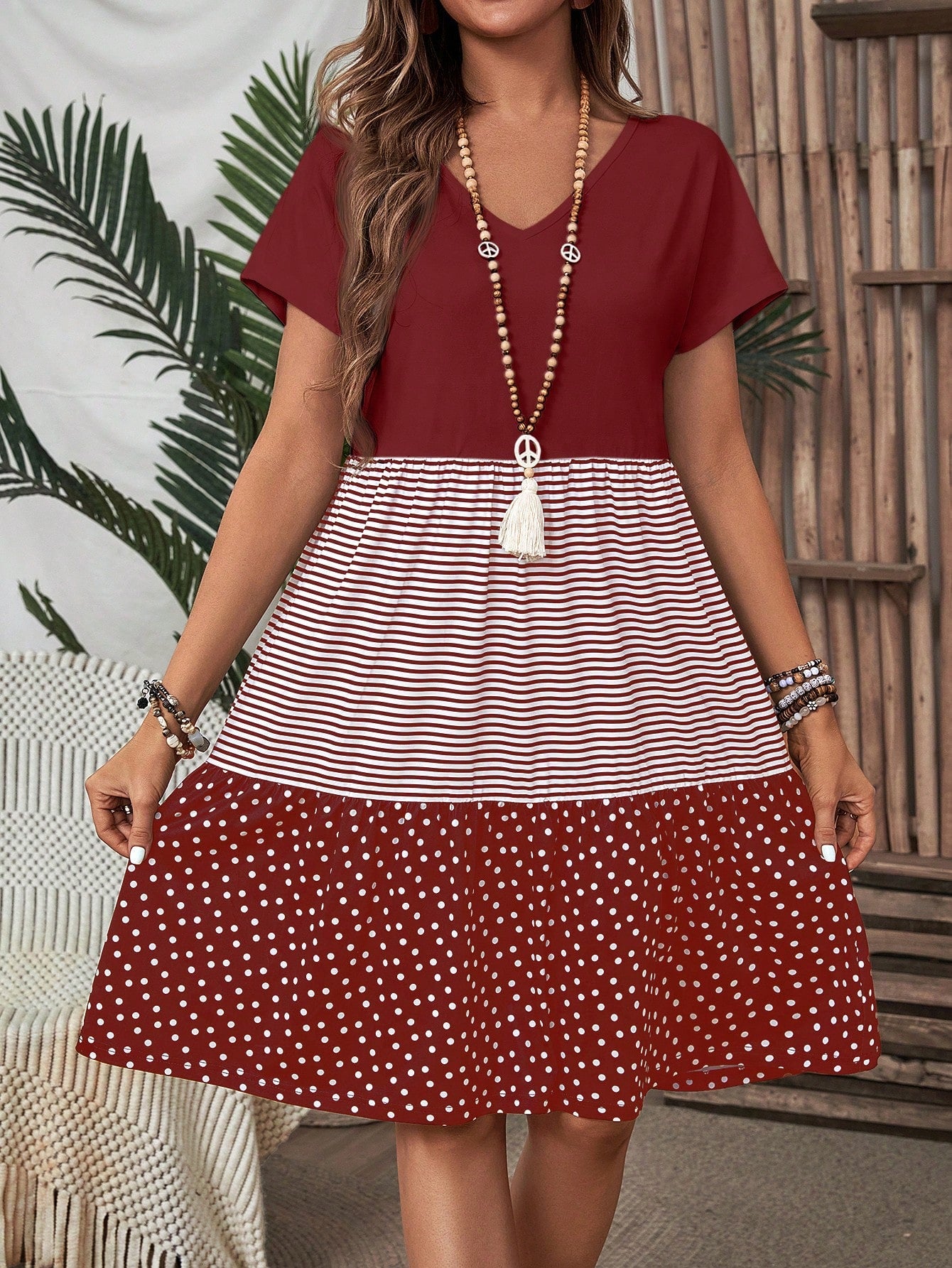 EMERY ROSE Women Colorblock Stripe Polka Dot Casual A-Line Dress Summer