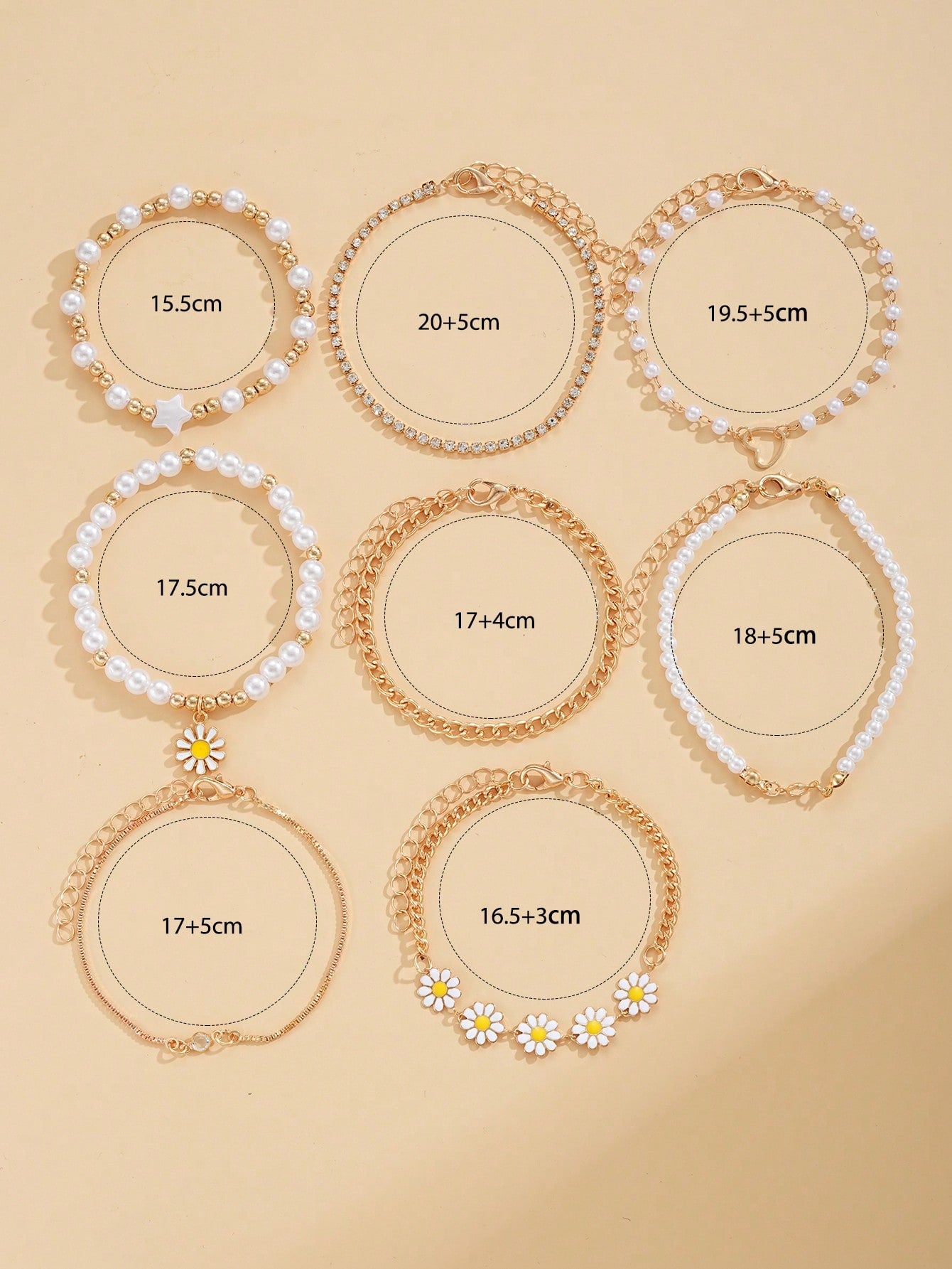 8pcs Cute Daisy Flower Heart & Faux Pearl Beaded Bracelet Set, Ideal For Women Dating Party Gifts