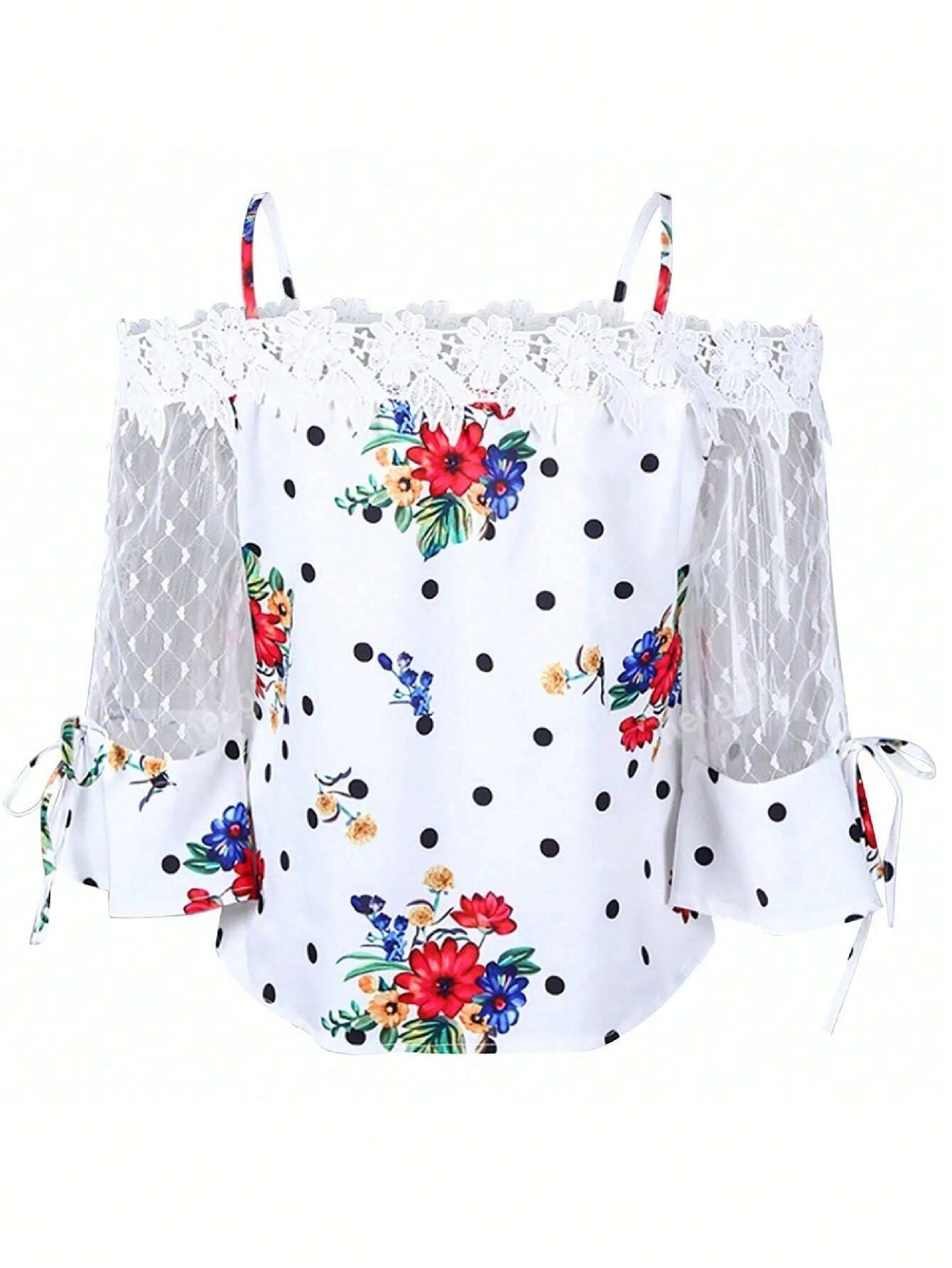 Lace Mesh Patchwork Flower Print Loose Fit Blouse With Tie Front, Square Neckline