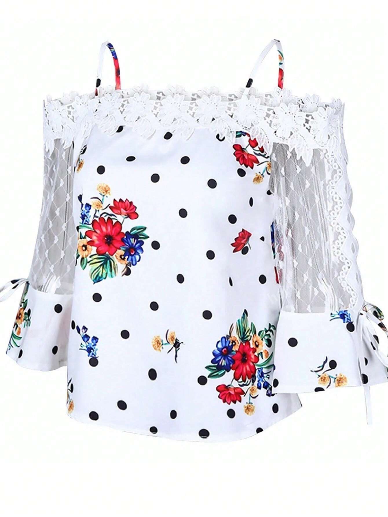 Lace Mesh Patchwork Flower Print Loose Fit Blouse With Tie Front, Square Neckline