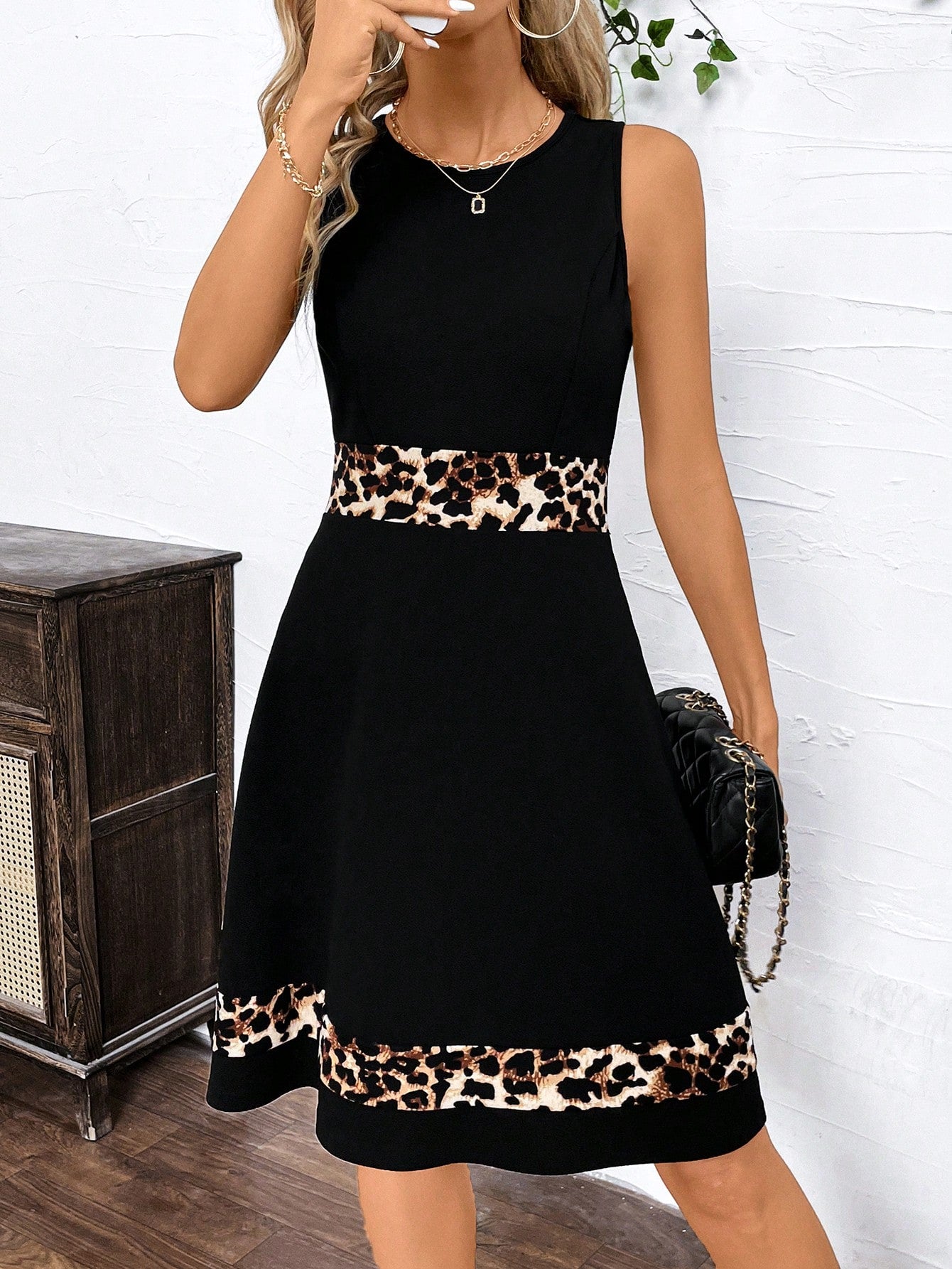 Clasi Casual Leopard Print Splice Cinched Waist Sleeveless Dress, Summer