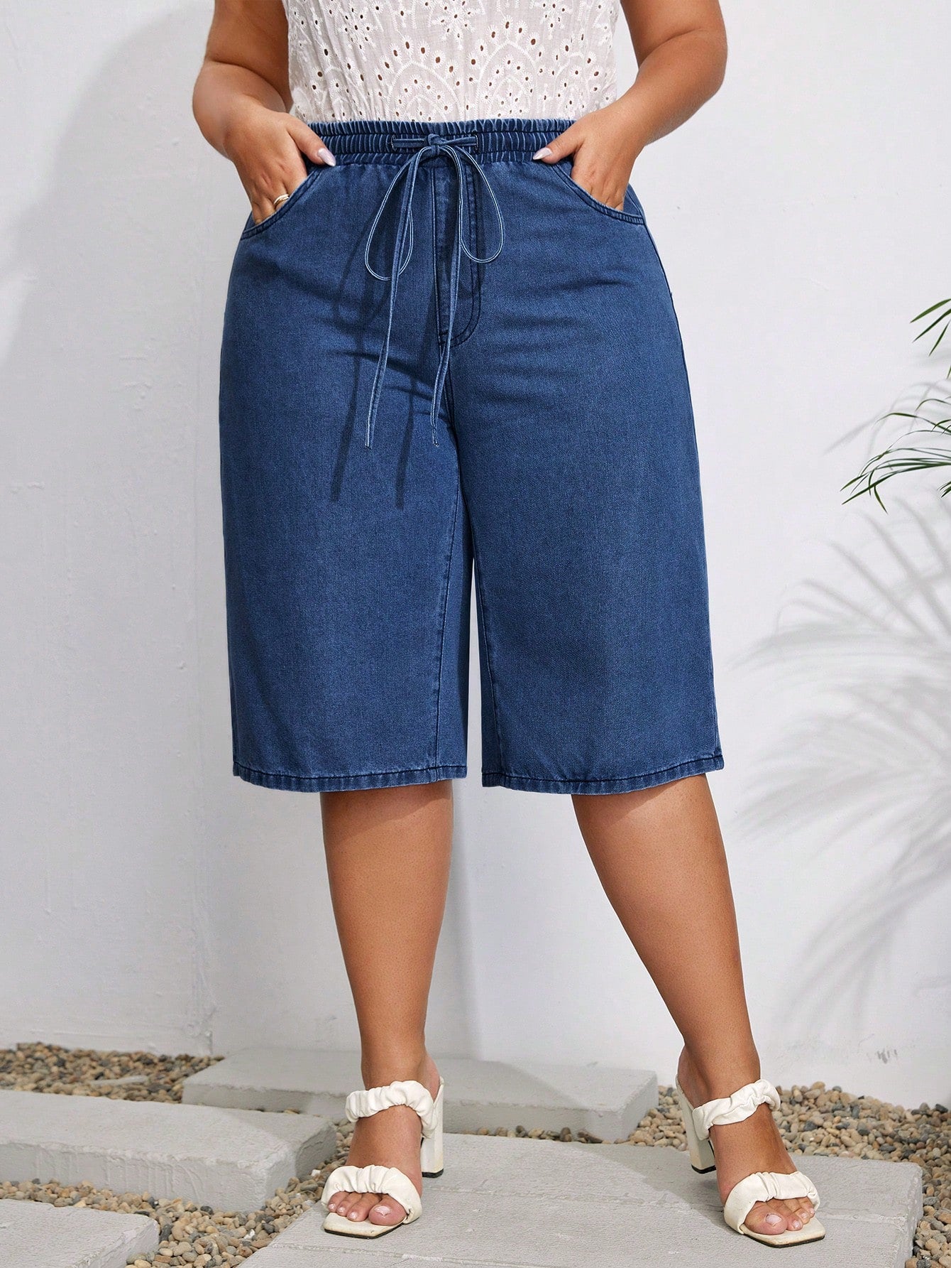 LUNE Plus Drawstring Waist Bermuda Denim Shorts