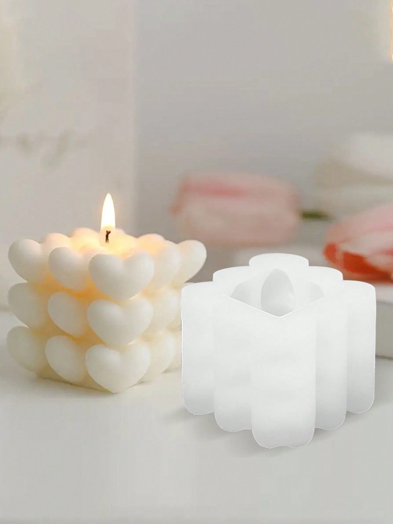 1pc 3D Magic Cube Silicone Cake Candle Mold For Valentine's Day, Wave & Heart Shaped DIY Aroma Crafting Silicone Mold